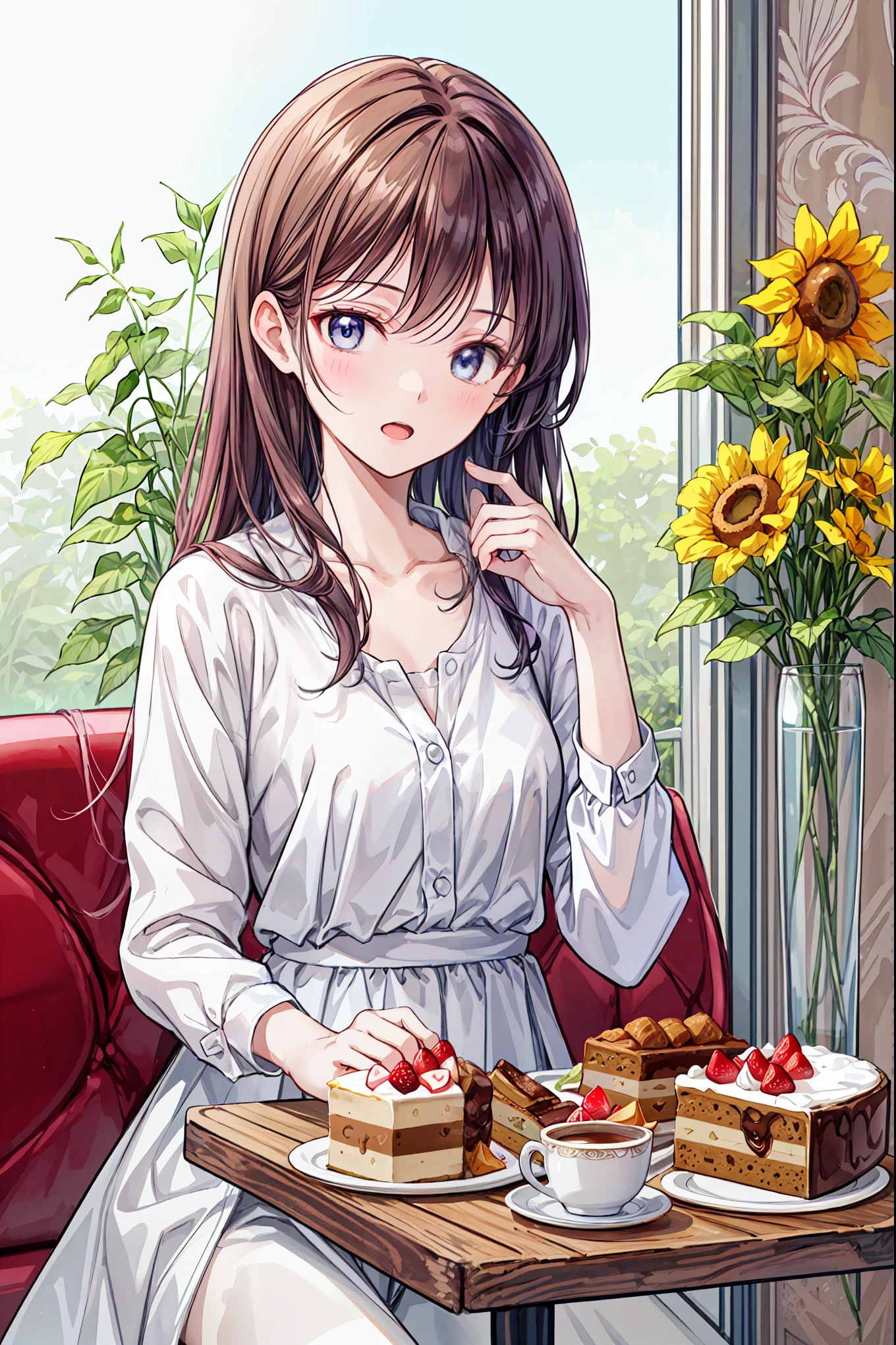 beautiful illustrations in the best quality, cute girl sitting in a cafe, perfect and happy expression, cake with a sunflower mark, long black hair, open mouth, closed eyes, casual clothes, collarbone visible, 4K high-resolution, detailed realistic paintings, warm and bright cafe background, Delicate Light Effects, Classy bokeh, realistic and charming portraits