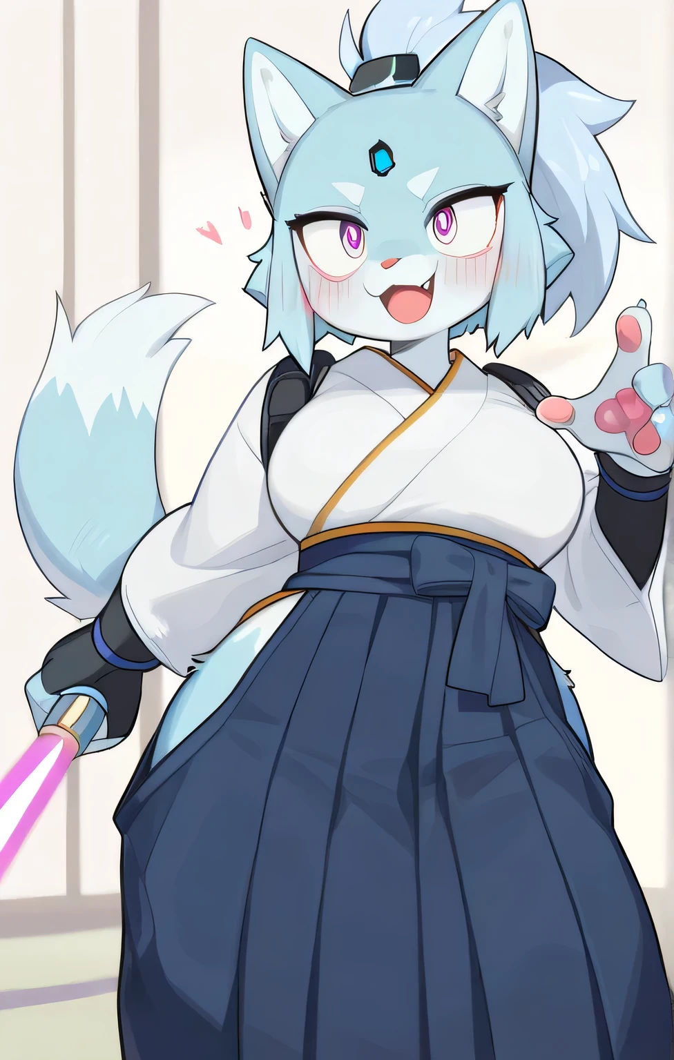 score_9,score_8_up,score_7_up, source_cartoon, source_furry, furry girl, young, wolf, black hair, hair bang covering one eye, long large ponytail, anime style, small breasts, lilac eyes, (wolf tail), (wolf ears), ((dark lilac scarf, dark blue sleeveless kimono, lilac ribbon on ponytail, net thights)), high quality, detailed body, detailed eyes, detailed face, masterpiece, glistening body, detailed body fur, best quality, skinny, spectacular effects, detailed hands, perfect lighting, perfect shadows, perfect eyes, perfect hair, perfect face, gorgeous body, clear gray body fur, detailed hands, glistering body, shiny body, skinny, spectacular effect, fangs, solo, shy angry, training room, clear sky, full body, feets with three toes, 3 toes, short body, ,