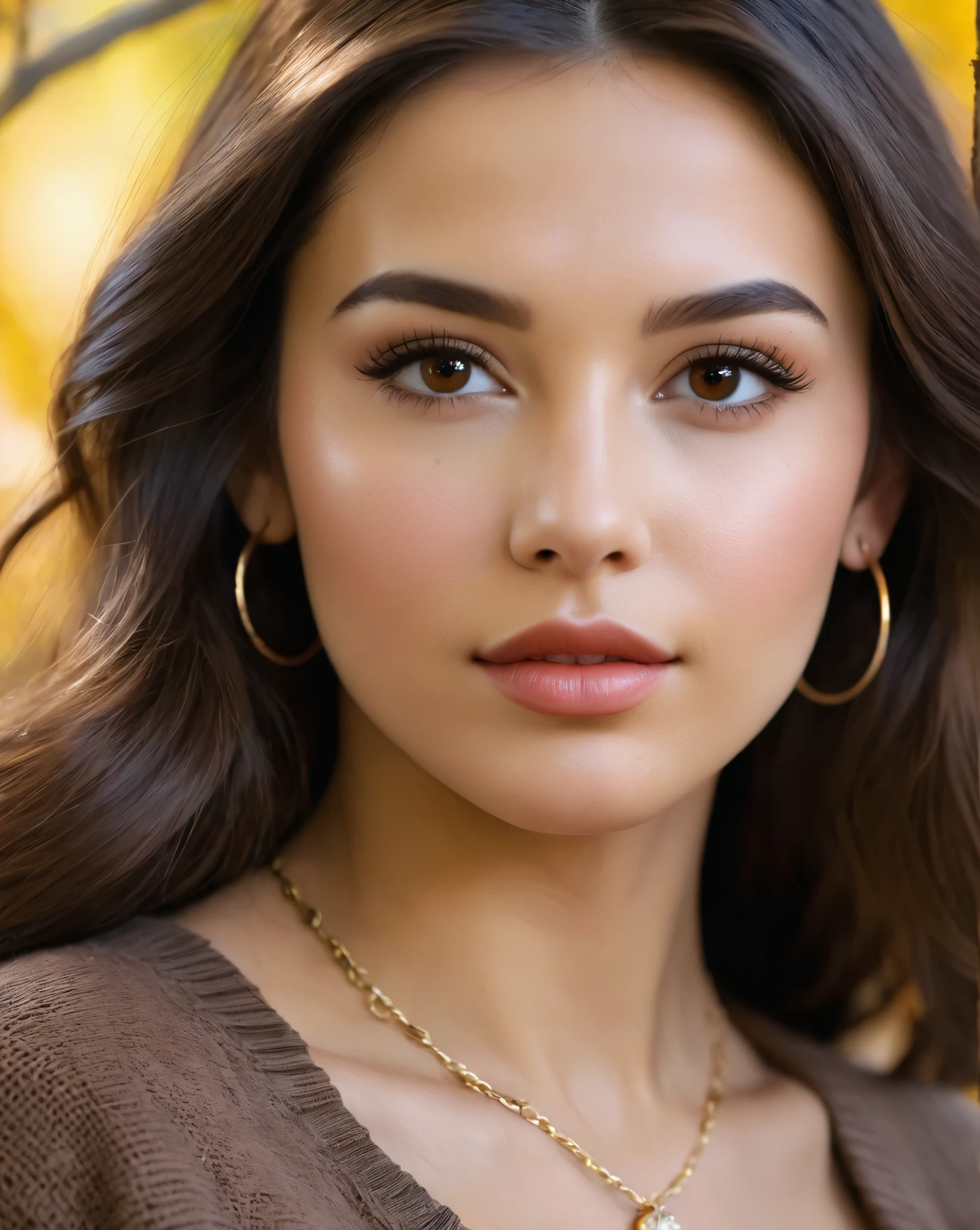 (Best quality, 8k, Masterpiece :1.3)), Sharp focus :1.2, Perfect body beauty: 1.4, Slim abs: 1.2, ((Long Dark brown hair, round breasts: 1.2)), (realistic light, natural lighting: 1.1 ), highly detailed facial and skin textures, detailed eyes, double eyelids, (((Dynamic Angle))), nsfw, 8K raw photo, Best quality, masterpiece, ultra high res, film grain, filmg, 1girl, looking at viewer, natural skin texture, realistic eye and face details, full lips, lipstick, (makeup),""Full body",Create an image of a young Latina woman named Bella Rivera. She is 24 years old, with a softer, curvier build and a warm medium-tan complexion. Bella has an oval-shaped face with high cheekbones, almond-shaped dark brown eyes, and thick, well-groomed eyebrows with a natural arch. Her nose is straight with a slight elegant curve, and she has full lips with a natural pink hue. Bella has a bright, warm smile with subtle dimples, and a small beauty mark above her upper lip on the left side. Her long, wavy hair is deep brown with natural highlights, styled loosely around her shoulders.
In this photo, Bella is wearing a form-fitting cable knit sweater top in a soft, warm tone that accentuates her curves and gives a cozy, feminine look. She pairs it with a long skirt with a mid-thigh slit, adding an elegant touch that flatters her figure. She’s also wearing black sheer pantyhose and stylish high-heeled booties, adding a chic edge to her fall-inspired outfit.
Bella accessorizes with simple hoop earrings, a delicate pendant necklace, and a small bracelet. She sits confidently, her warm smile matching the inviting atmosphere. The background is an outdoor fall setting, with vibrant autumn leaves in shades of orange, yellow, and red, scattered on the ground and trees. The cool, crisp air is suggested by the soft, natural lighting filtering through the trees, enhancing the cozy, seasonal feel."