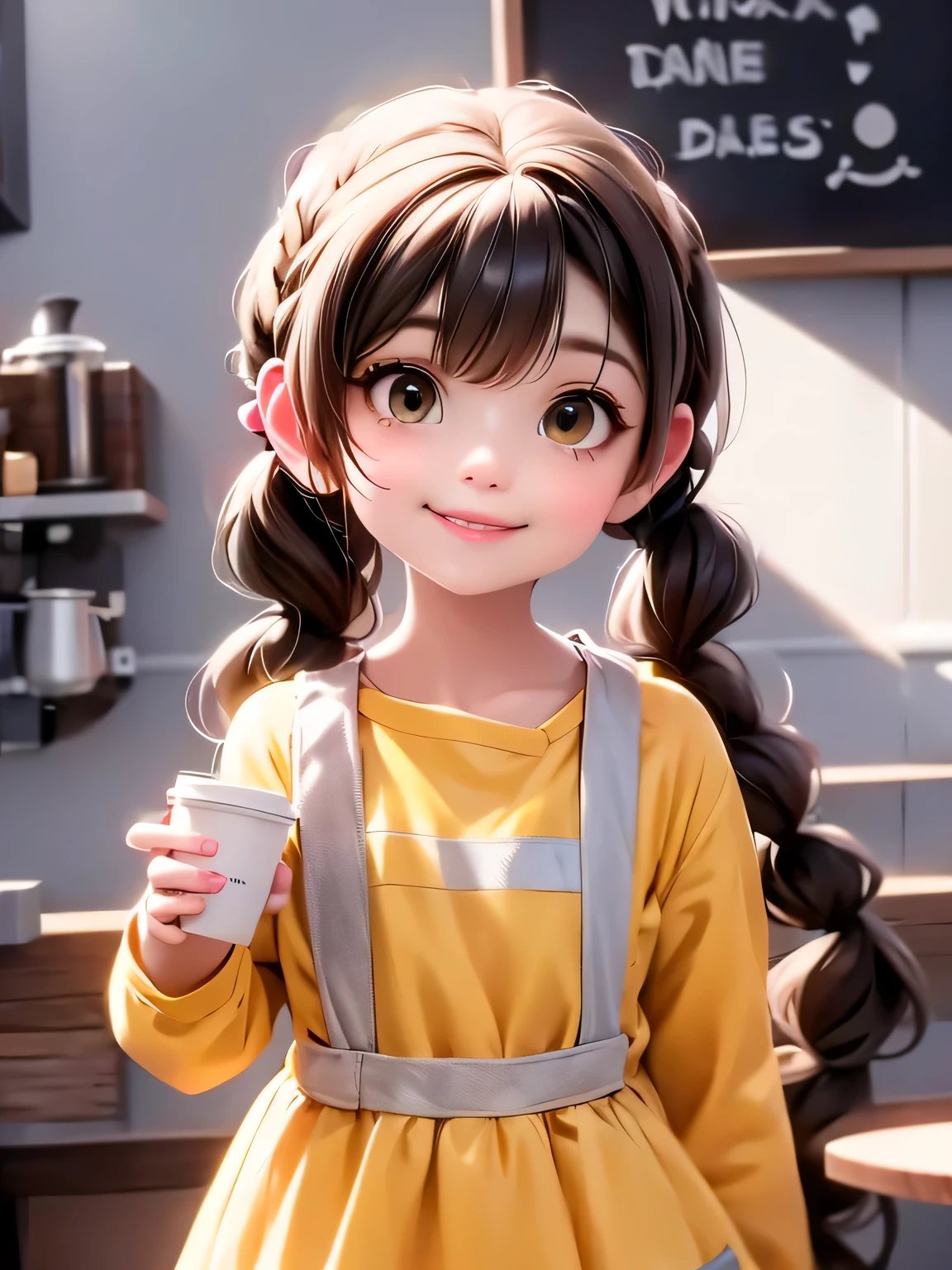 pigtails with braids、Girl with full bang hair、 yellow eyes、frilly yellow costume、smiles、A stylish coffee shop