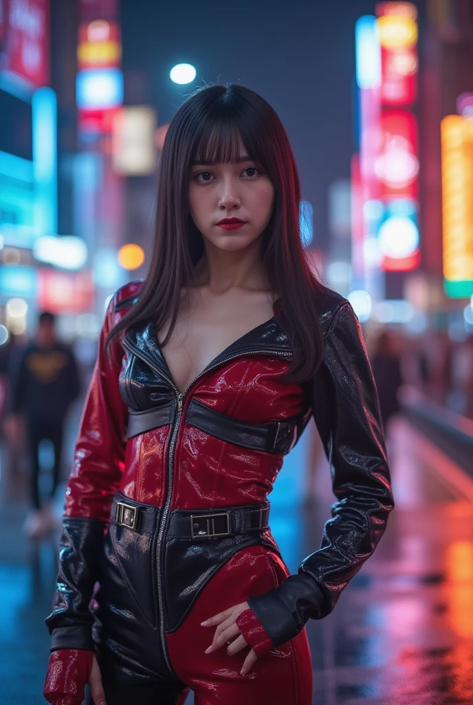 Japanese female, (underweight), (flat chest best quality:1.5), 30 years old, (cheerful grin:1.3),
(black leather jacket), (red bodysuit:1.3), Modern red light district, prostitute, (dark atmosphere:1.2), (cyberpunk:1.2)