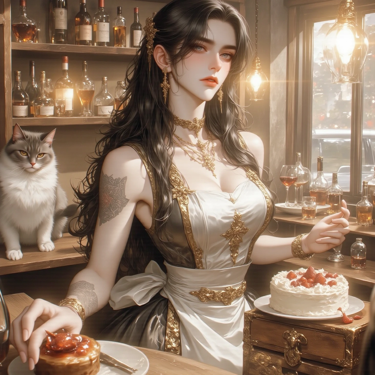 Elyssa finds herself at a lavish banquet in the mansion. A table filled with delicious, untouched food. The host offers her a glass of red wine. --auto --s2