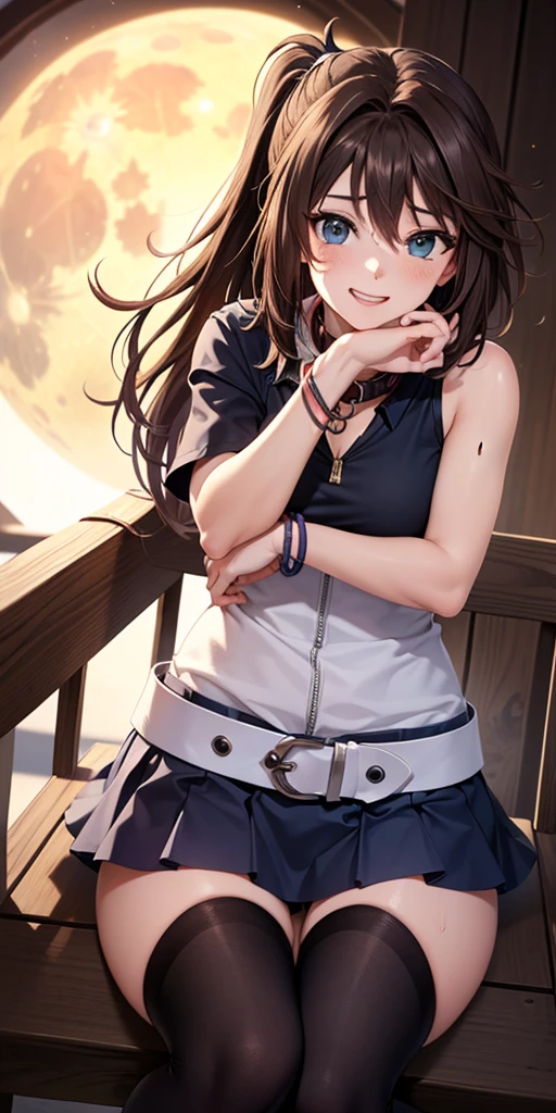 1girl, solo, long hair, Two-Tone Hair, black hair, streaked hair, brown hair, brown eyes, necklace, jewelry, blue coat, sleeveless, armlet, ribbon, arm warmers, skirt, bike shorts, buttons, zipper, Cross-Laced Footwear, hand on hair, looking at viewer, cowboy shot, flower field, hand on hair, smile <lora:Rinoa_XL:1>, score_9, score_8_up, score_7_up, score_6_up, score_5_up, score_4_up, BREAK source_anime, masterpiece