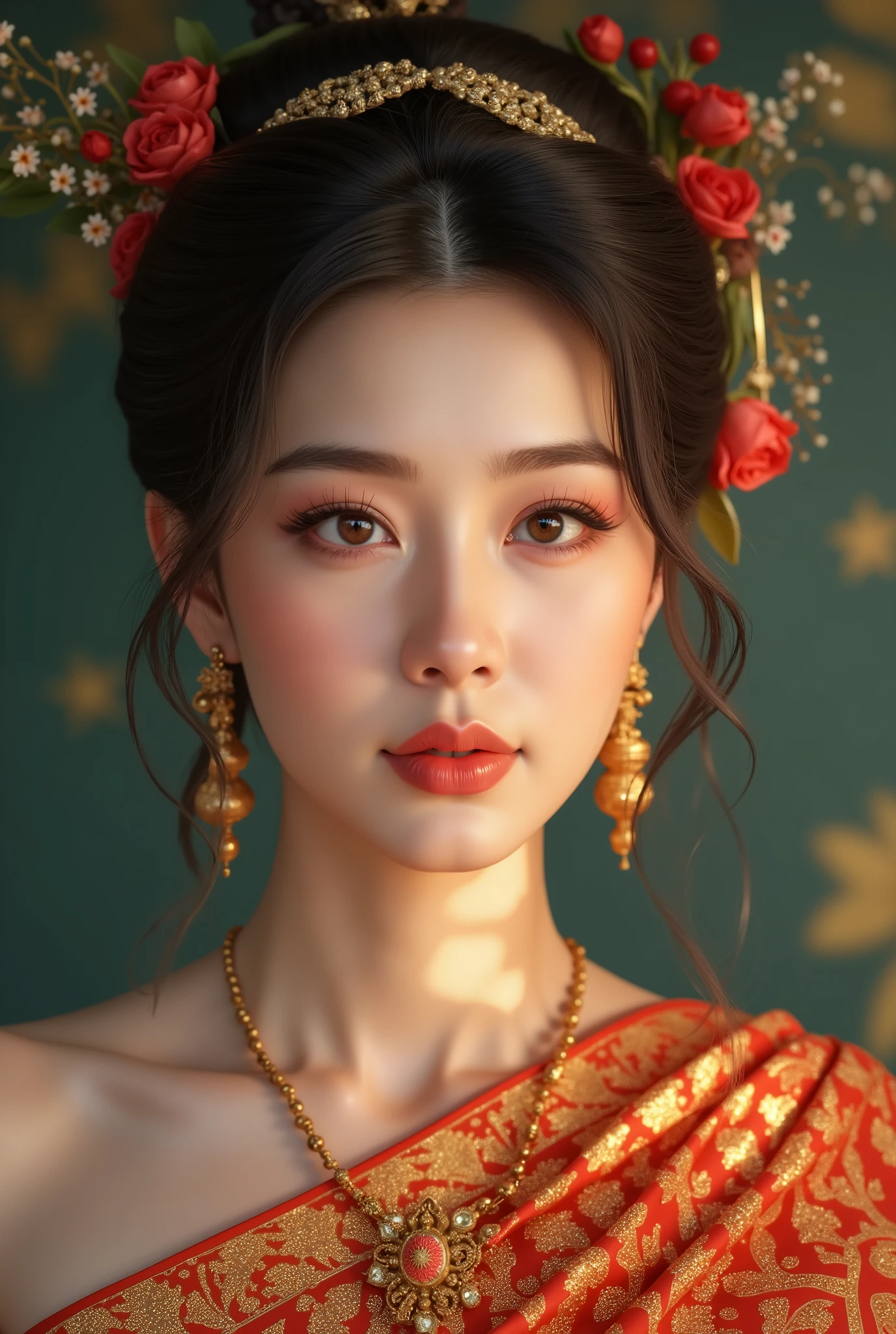 "A charming 28-year-old Northeastern Thai woman with fair, slightly golden skin, sharp yet warm features, high cheekbones, and almond-shaped eyes that carry a hint of playful mischief, her face consistent across every scene."