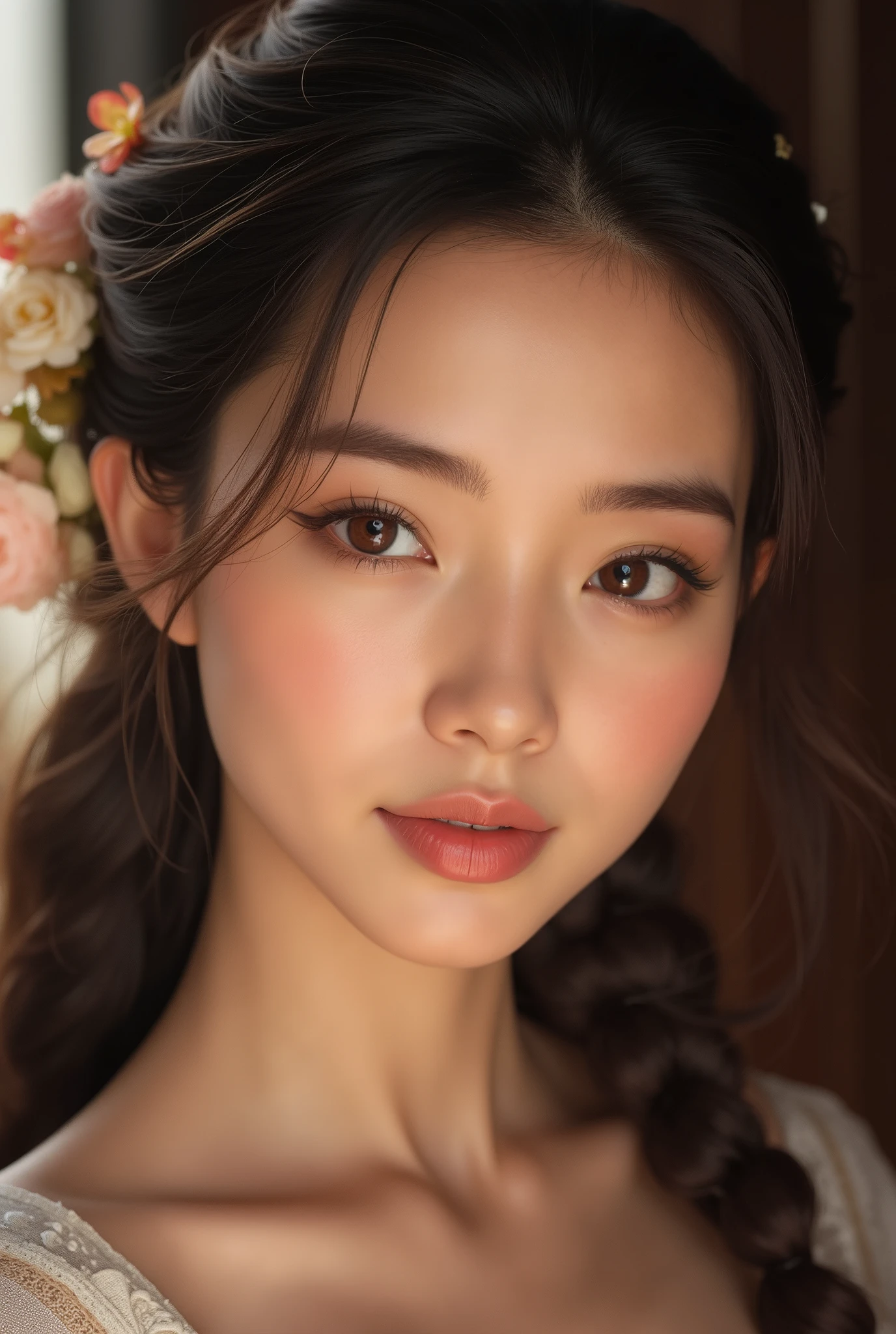 "A charming 28-year-old Northeastern Thai woman with fair, slightly golden skin, sharp yet warm features, high cheekbones, and almond-shaped eyes that carry a hint of playful mischief, her face consistent across every scene."