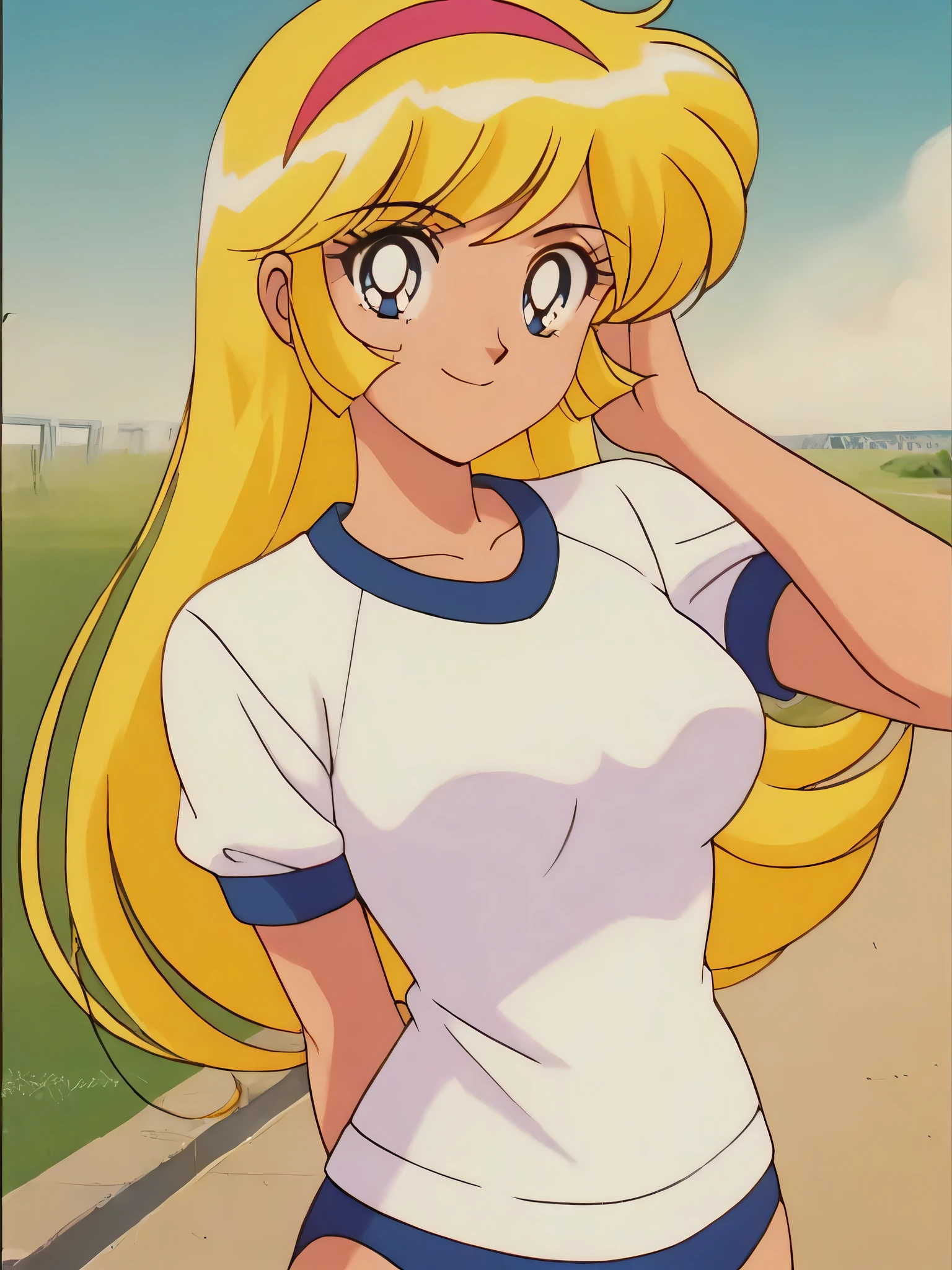 masterpiece,best quality,very aesthetic,highres, KisaragiHoney, 1girl, solo, blonde hair, long hair, blue eyes,smile,medium breasts, hairband,((white shirt)),navy buruma,standing,hand in own hair,arm behind back,outdoor, looking at viewer,bust up shot,retro artstyle, anime coloring,