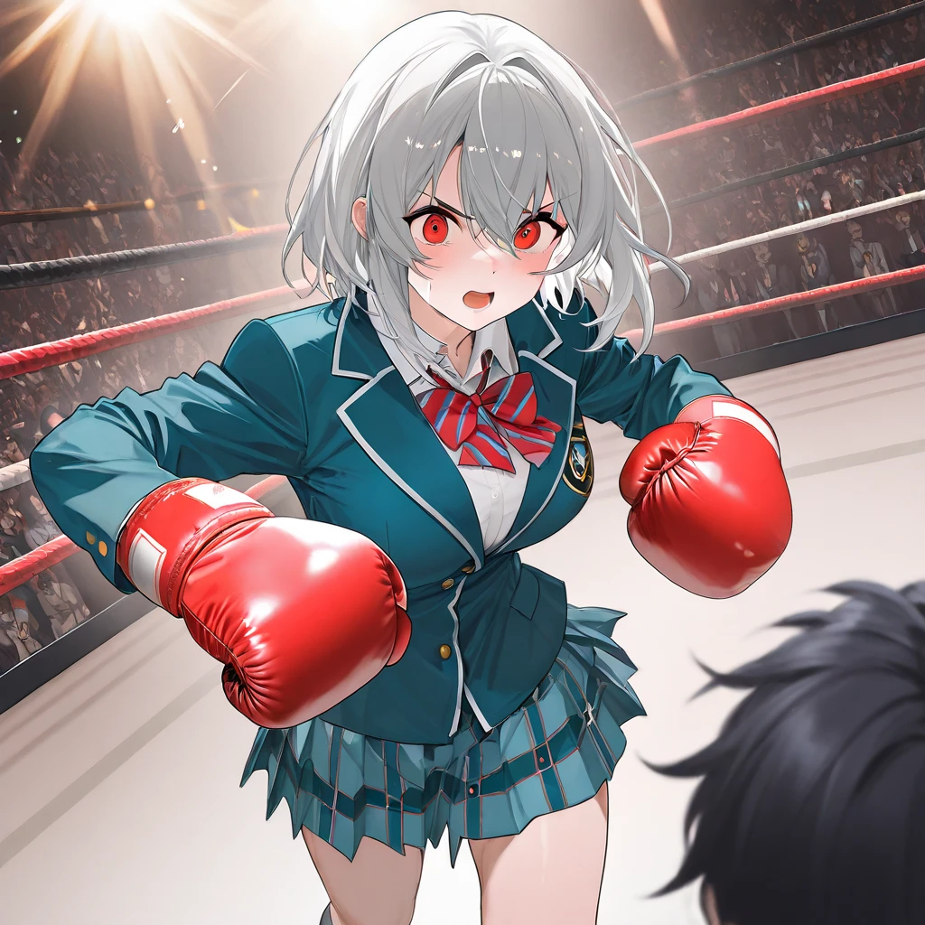 ((((hetero)))),(((boxing ring))),((((1girl and 1shota boy)))),(1girl),(((tall stature))),large breasts,ponytail, medium hair,grey hair,grey eyes,(fighter),shiny skin,ahegao,(((wearing collared shirt, blazer, pleated skirt, , bow))), (vaginal,sex),((sex from behind)),all fours,intercourse with a shota boy,(((cum on body))),((excessive cum)),cum in pussy,((cum on clothes)),cum on head,facial bukkake,cum on breast, cum on feet,fucked silly,trembling,((((1shota boy)))),(((short stature))),penis,dark-skinned shota boy,interracial,Boxing Gloves,(height difference),((masterpiece)),((best quality)),(ultra-detailed),(illustration),((an extremely delicate and beautiful)),(detailed background),