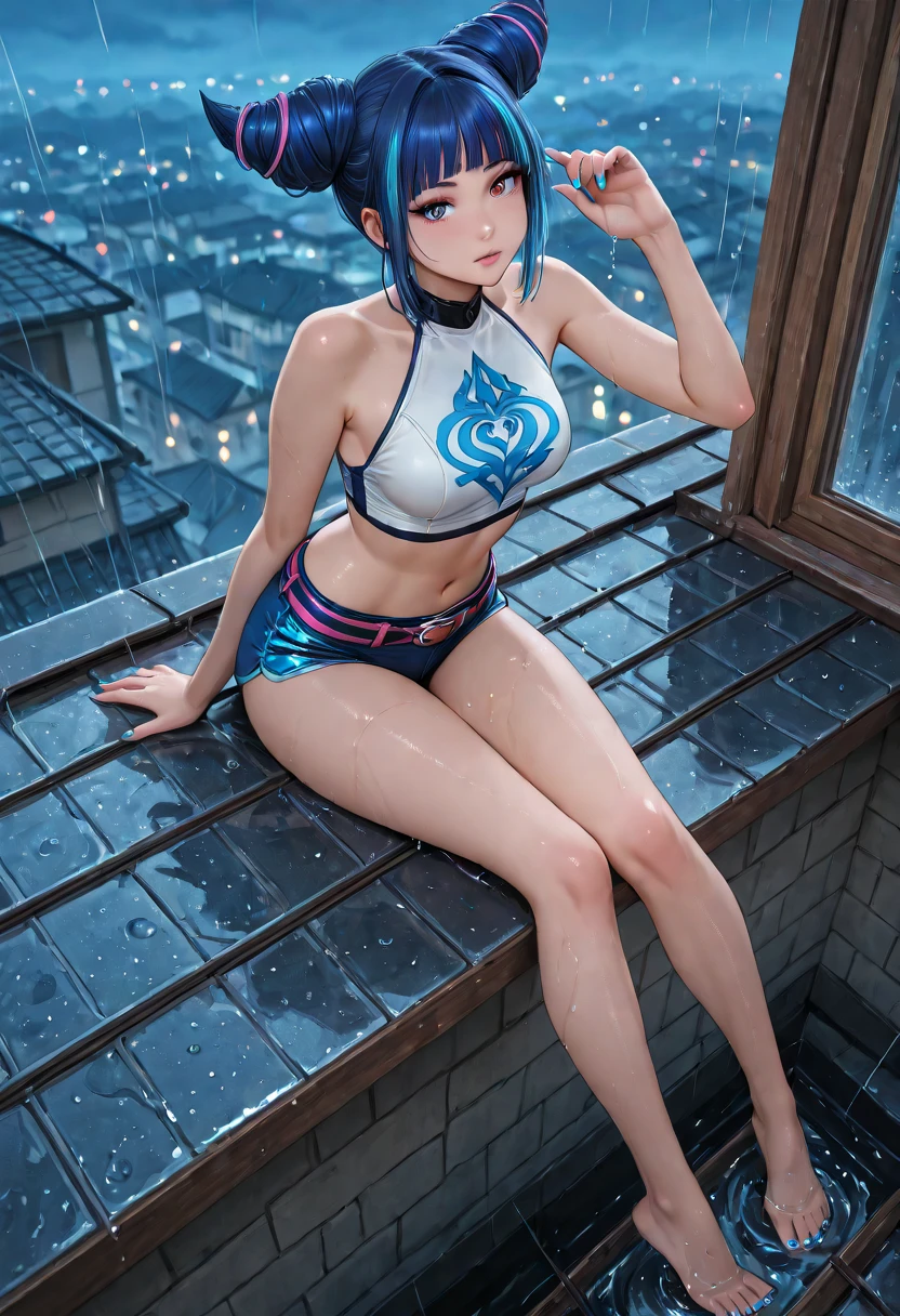 best qualityer，tmasterpiece，Ultimate resolution，downy，Extremely colorful，Colorful，waters，Sexy beauty，Short blue-green hair，a matural female，blue bikini，Crop topping，short  skirt，Bare legged，Barefoot，Blue manicure，Normal posture