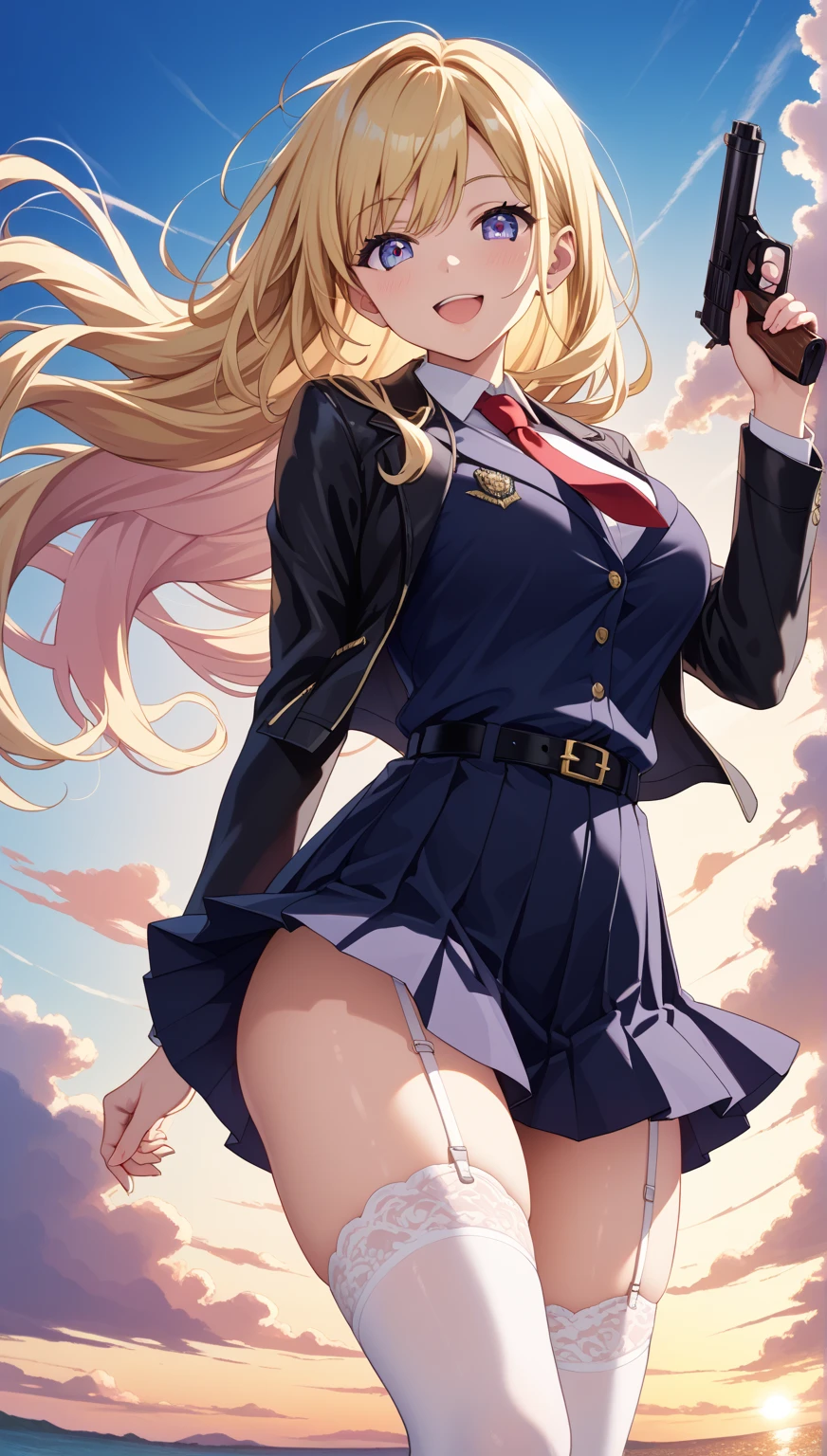Female, hime cut Blonde hair, Blue eyes, dark brown skin, large breasts, wearing office lady uniform and tights.
