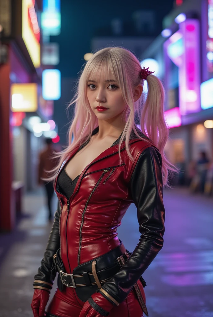 (RAW photo, best quality, masterpiece:1.2), (realistic, photo-realistic:1.4),(masterpiece:1.4),(best quality:1.4),1girl, solo, :d, animal ear headphones, animal ears, arms up, bangs, blush, bodysuit, breasts, bunny pose, clothes writing, covered navel, cowboy shot, cropped jacket, fake animal ears, gloves, outdoor,morning,snow, hair intakes, headphones, impossible bodysuit, impossible clothes, jacket, large breasts, latex, latex bodysuit, long hair, long sleeves, looking at viewer, large breasts, multicolored gloves, open mouth, pink bodysuit, pink eyes, red eyes, red jacket, shiny clothes, shrug \(clothing\), sidelocks, skin tight, smile, thigh gap, thighs, twintails, very long hair, white gloves, white hair,alice \(nikke\),(shiny skin),realistic,