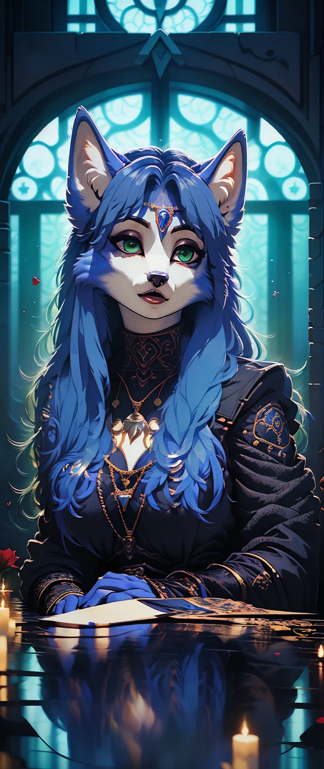 ((krystal)), Star Fox-Krystal, lovable,    green eyes, (((   Long blue hair 1  .3))),  cleavage, anthro, blurred,  detailed Fluffys fell,   detailed face , (Fluffy),     1 girl, ,woman, Goth,    green eyes, Undercut,  ultra-realistic 8k CG   ,    masterpiece, ((    ultra-precise backgrounds , Delicate patterns  ,     complex part    )),     rolled up  ,     complex part    s,    chromatic aberration ,     1 girl, 1woman, gothic, rose eyepatch in one eye, black lace gothic ****ta dress, dried flowers, stained glass, official art, unity 8k wallpaper, ultra detailed, beautiful and aesthetic, beautiful, masterpiece, best quality, , (ecstasy of flower:1.2) dynamic angle, the most beautiful form of chaos, elegant, a brutalist designed, vivid colours,  Romanticism , atmospheric, extremely delicate and beautiful, Amazing, finely detail, masterpiece, ultra-detailed, highres,best illustration, best shadow,intricate,sharp focus,  dynamic pose, Alone