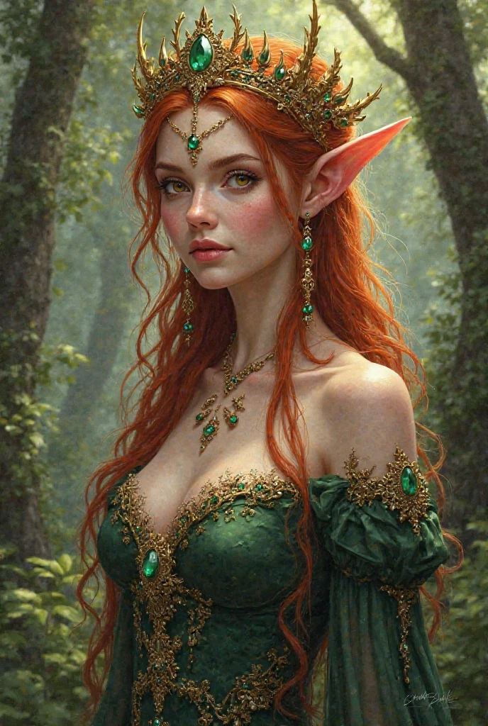 A picture of a woman with red hair and green dress, dress made of leaves, delicate golden pattern, goblin queen of summer forest, fantasy style art, beautiful girl, detailed fantasy digital art, very beautiful fantasy art, Forest elf, beautiful and elegant dryad, graphic artist magali villeneuve, nymph, (masterpiece, best quality: 1.2), (ultra detailed), (illustration), wallpaper, original,