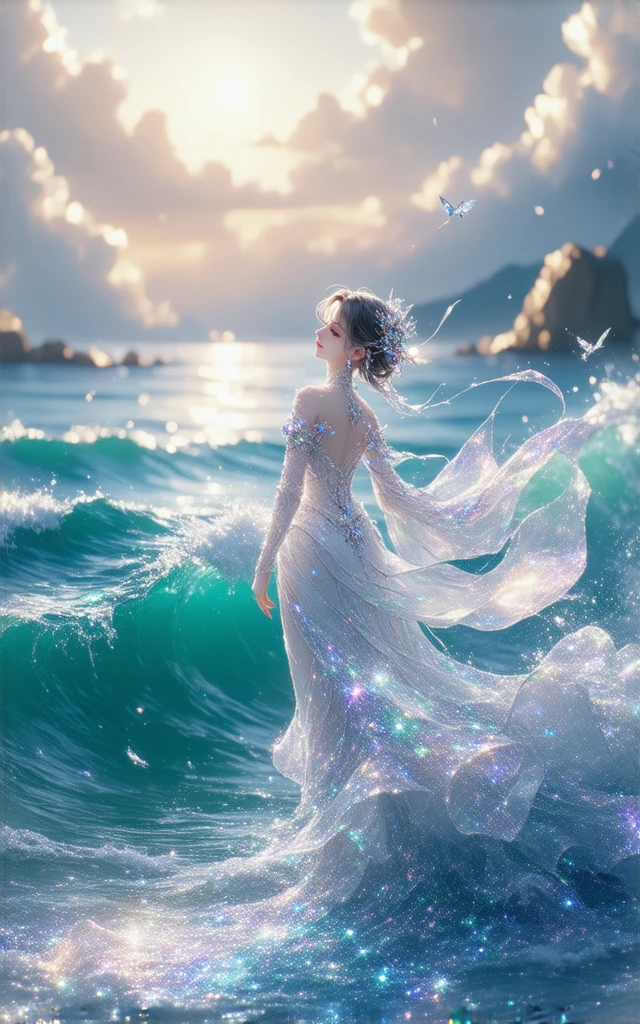 masterpiece,best quality,ultra-detailed,1girl,full body,moon,water,mountain,white dress,white hair,red theme,<lora:è²å½©å±±æ°´V2:0.6>,