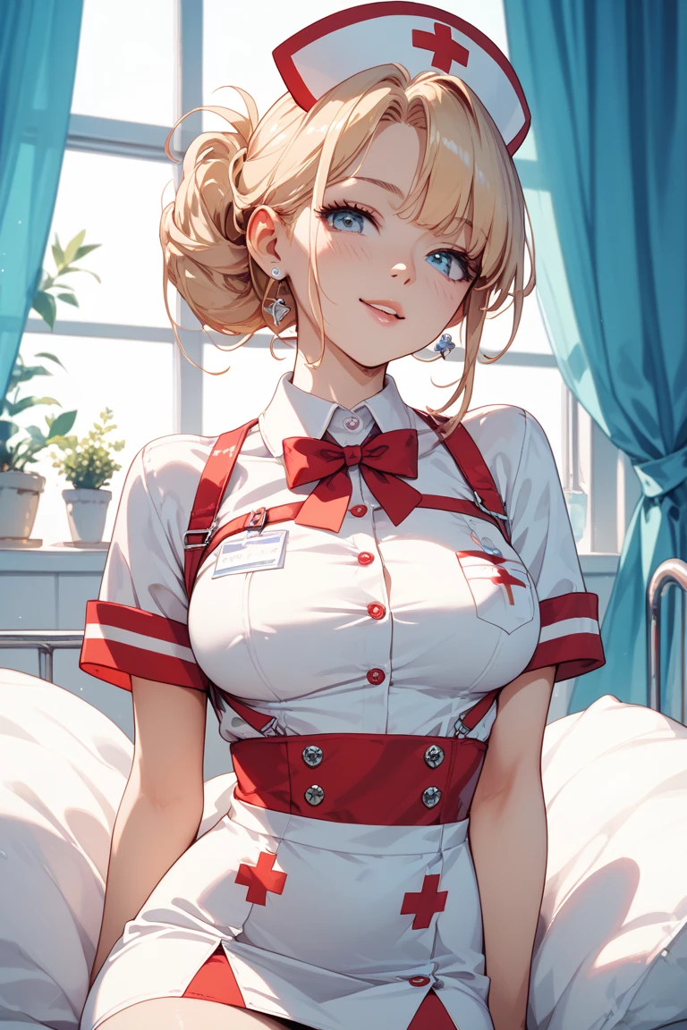 ((Highest quality)), ((masterpiece)), ((Perfect Face))、((Her skirt is rolled up))、((Showing panties))、((Skimpy underwear))、(((Eye heart symbol)))、blonde、ponytail、orgasm、Blushed、My whole body is sweating、Ahegao、nurse's uniform,Take off your clothes,Bare legs,barefoot,Show your
