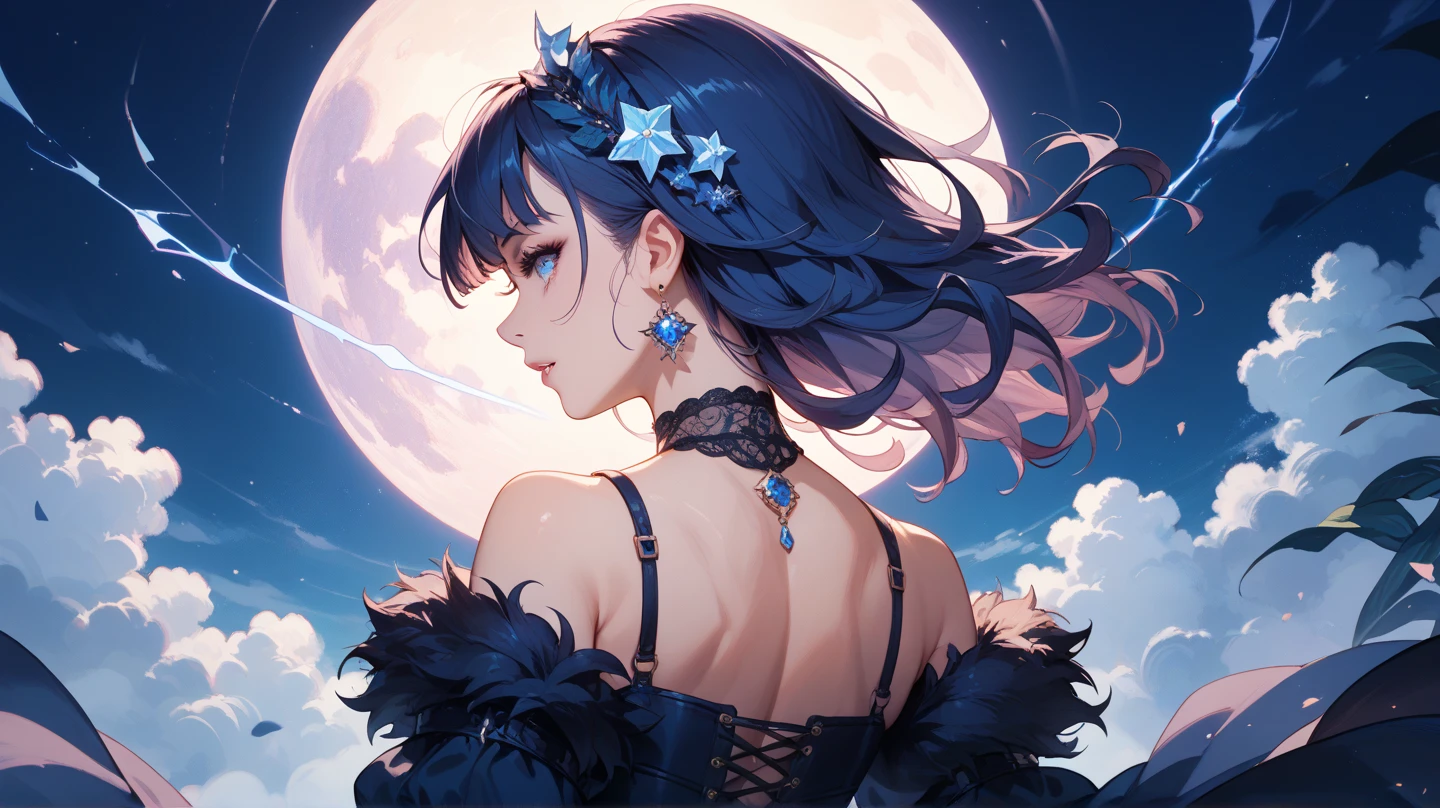 Best possible quality, (ultra resolution 8k),the most beautiful girl, the most beautiful, long hair moved by the wind, looking at the moon, serene look, looking through the window,full moon,firmament, silk dress in motion