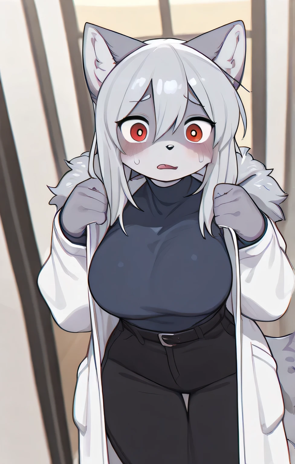 in, top quality, masterpiece、 cartoon anime、female furry、 The Silver Beast 、Man with unkempt gray hair 、white coat、panic、assistant