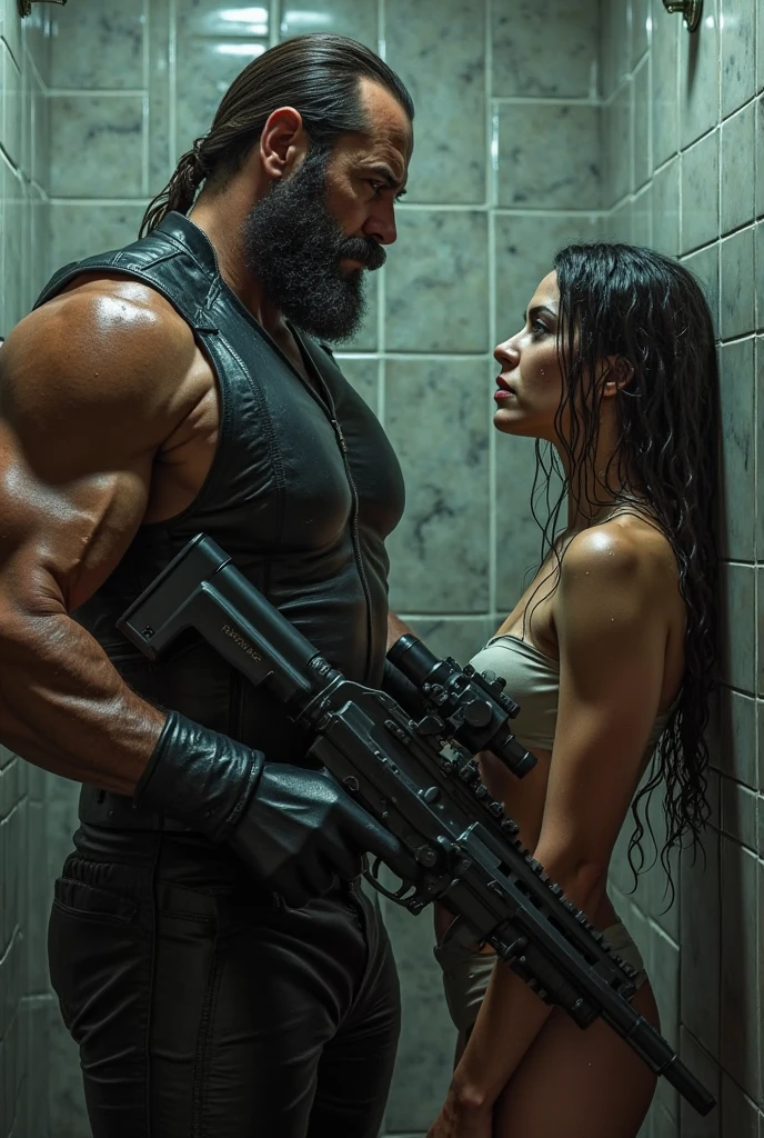 Strong, muscular man taking a shower in his underwear next to a woman in a public bathroom.