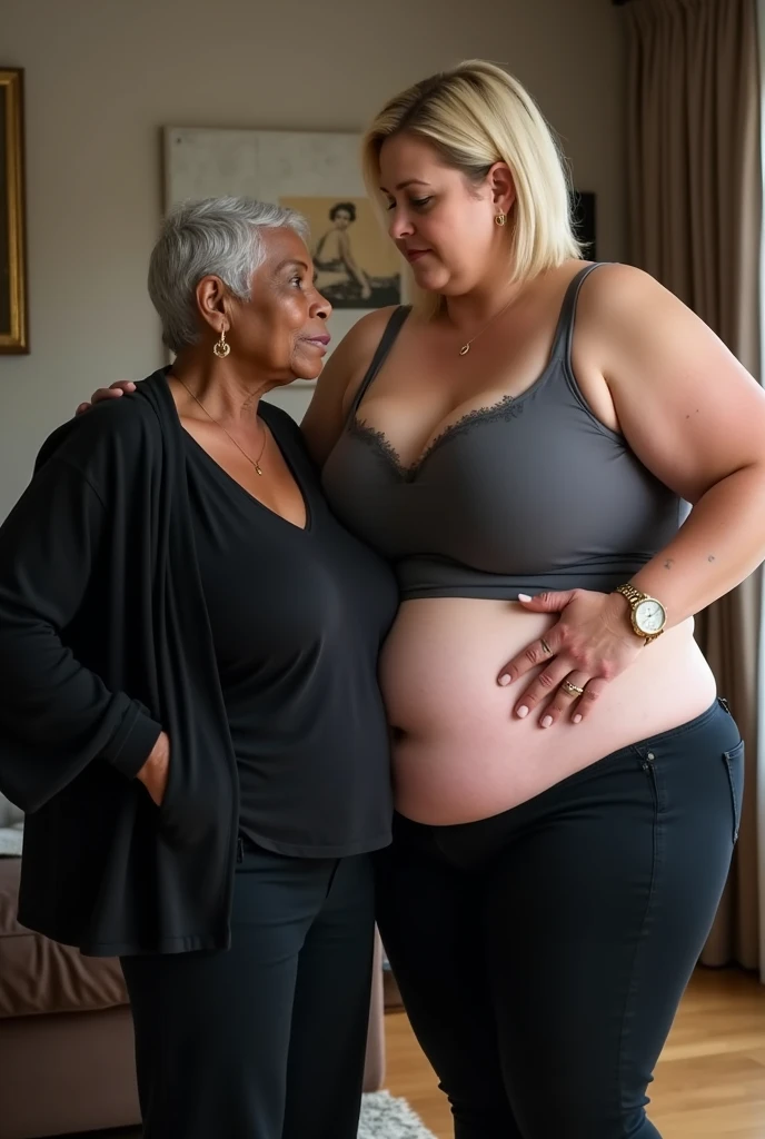Create a photo of a single young woman aged 25, com pele branca e clara, slender and beautiful body, long brown hair, wearing black lace panties, and his white shirt is being lifted by a 90 year old woman, obese, dark black skinned