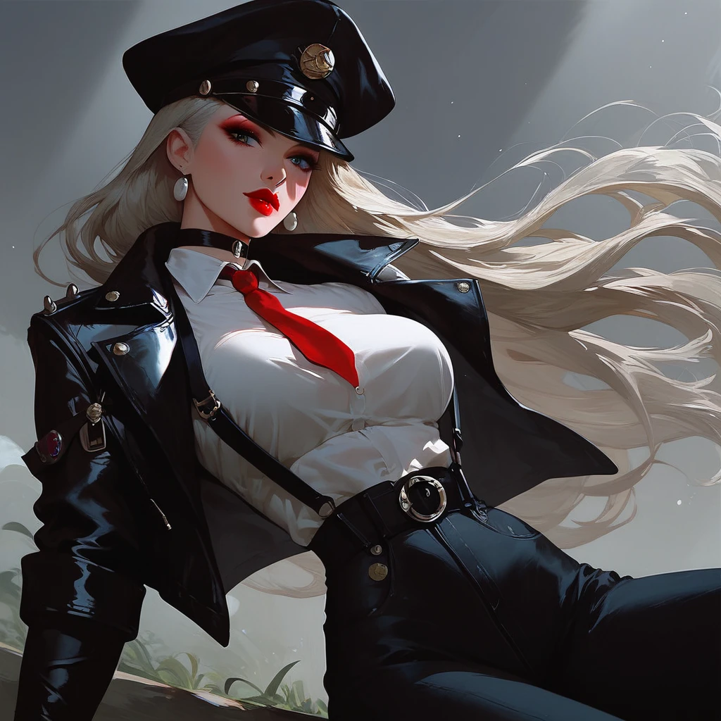 1girll，White color hair，Various hairstyles，Wear a black flower on your head，beauitful face，crisp breasts，Convex buttocks，Wearing a black gauze tights，Wear a black wristband，Black lace-up heels，Wearing a black military uniform overcoat，The inside of the coat is red，perfectly proportioned, Cinematic lighting, filmgrain, Fujicolor, lightand shade contrast, 8K, 巨作, Textured skin, Super detail, high detal, High quality, A high resolution,