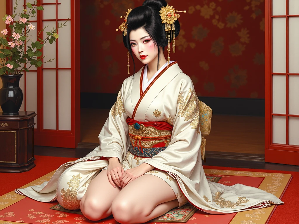 the proportions and detailed textures multicolored brushwork and softened with airbrush, semi-realism ink china illustration A young traditional geisha is shown sitting (seiza posture) on a cushion wearing traditional Japanese clothing, a kimono where white tones predominate, as well as bright colors (high quality full bold body, with a confident and seiza posture, perfect face, evil look, (with bright yellow-gold eyes), defined eyebrows, long eyelashes, full lips, round and , flat stomach, slim and high waist, wide , thick thighs) Her expression is serene. Her hair is pulled back into an elaborate updo adorned with intricate Japanese hairpins. The kimono she wears is richly decorated with floral motifs in shades of red, gold, and black, with open layers of fabric leaving her body and skin visible, including a blue-beige bra and panties. The overall style is elegant and refined, capturing the essence of traditional Japanese art with a modern twist. The background is a panoramic view of a richly decorated room, drawing the eye to the subject and giving depth to the illustration. very balanced saturation in the color palettes very defined (Color with monochorome intense shaded tones and shine. tone red 25% + yellow 25% + blue 25% + biofluorescent 12.5% transparencias 12.5%. aesthetic fusion by (Fibonacci ratio. character type female a young girl in kimono she has a pink complexion with dark-beige tones that give contrast and shine. Fluid texture that gives the sensation of movement to the Thin, fine of leaves that moulds to the figure (her clothes with relief and folds give volume and depth to the character) style. a poupée realistic of a young girl in kimono. Haute couture photoshoot (full body, sexi Pose). Sharp Highly Detailed Soft Focus, Approaching Perfection, Full HD 8K. High and Low Angles. of Milo Manara, Coco Chanel, Gianni Versace, Baron Von Lind, Greg Rutkowsk art style fusion