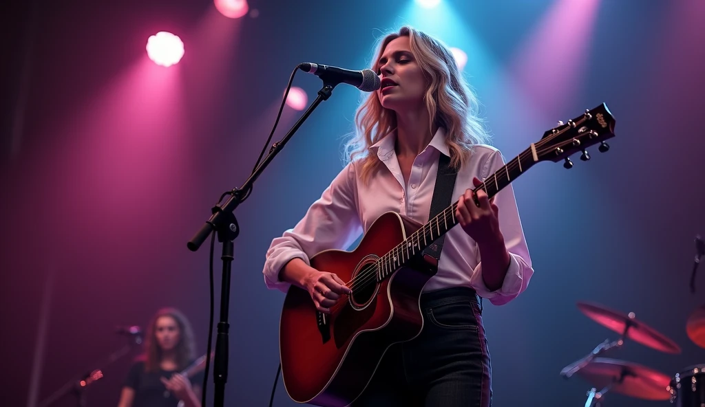 Blonde indie pop singer, wearing neat European style clothing, long medium hair young and beautiful, European style with a guitar and microphone on a stand he sings