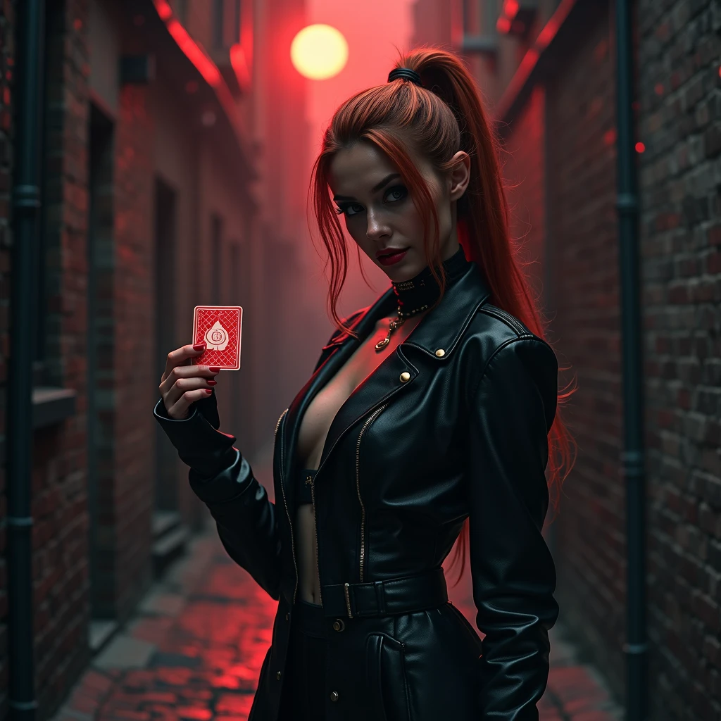 Red hair，magician，City night scene，woman，wet，Sexy body，card，underwear，20 years old，Best lighting