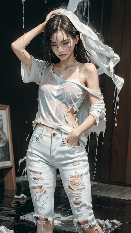 best image quality, masterpiece, super high resolution, (fidelity:1.4), photo, 1 girl, white shirt, torn jeans, white sneakers, dim, darkness, despair, pity, poor, movie, tears, teardrops, (torn clothes:1.5), (wet clothes:1.4), bare shoulders, real rain, wet hair,..