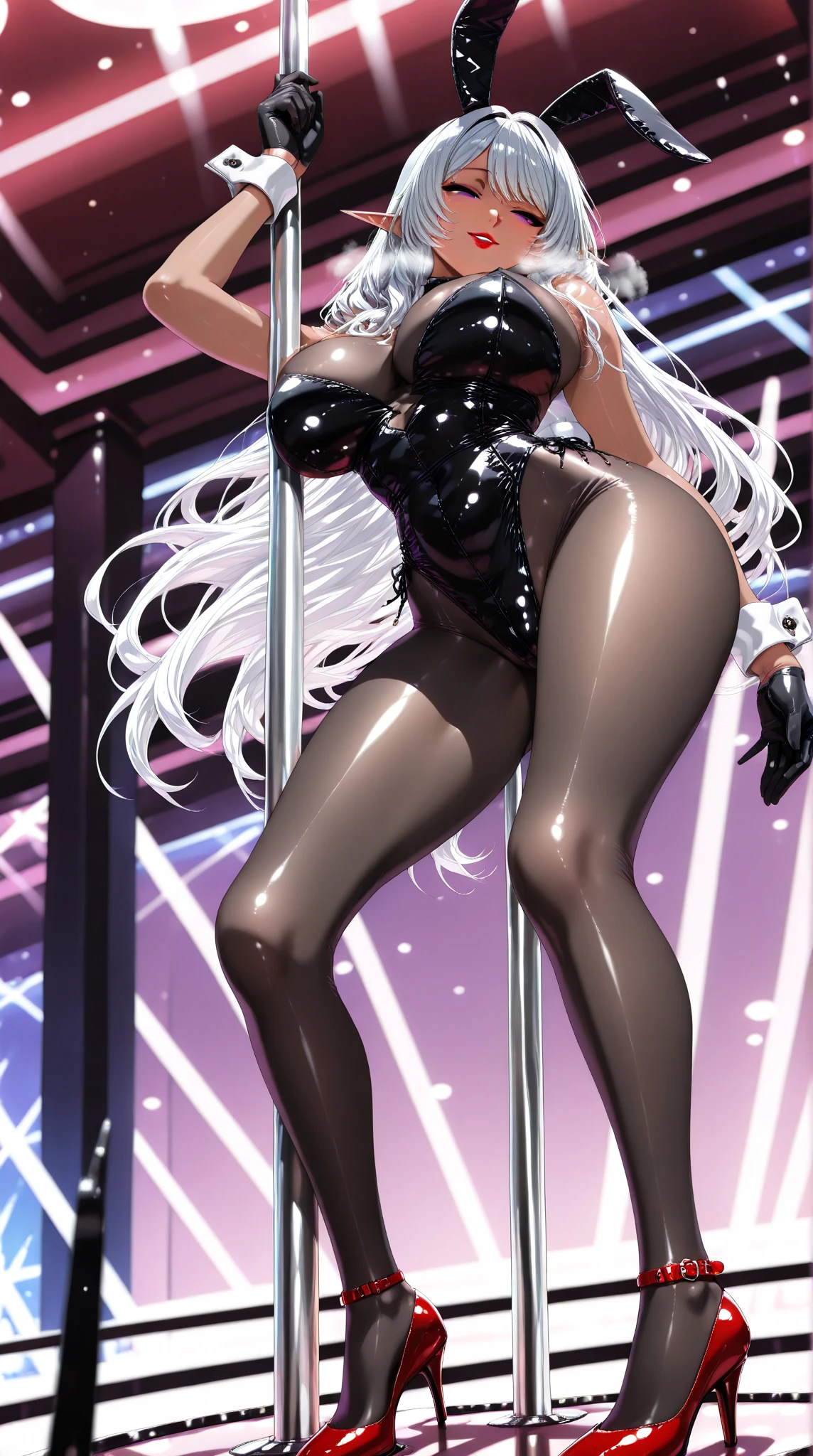 4k highly detailed realistic digital extremely high quality drawing, masterpiece, (by keeltheequine), (uploaded on e621), (a full-body portrait of a female anthro horse), ((pole dancing in a nightclub)), ((wearing a collar, leather gloves, high heel boots, fishnets)), (beautiful and detailed eyes:1.1), (thick black bimbo lips), ponytail, fur, seductive, sexy, voluptuous, curvy body, hourglass figure, large breasts, muscles, cinematic lighting, (f1.8 short focus bokeh)