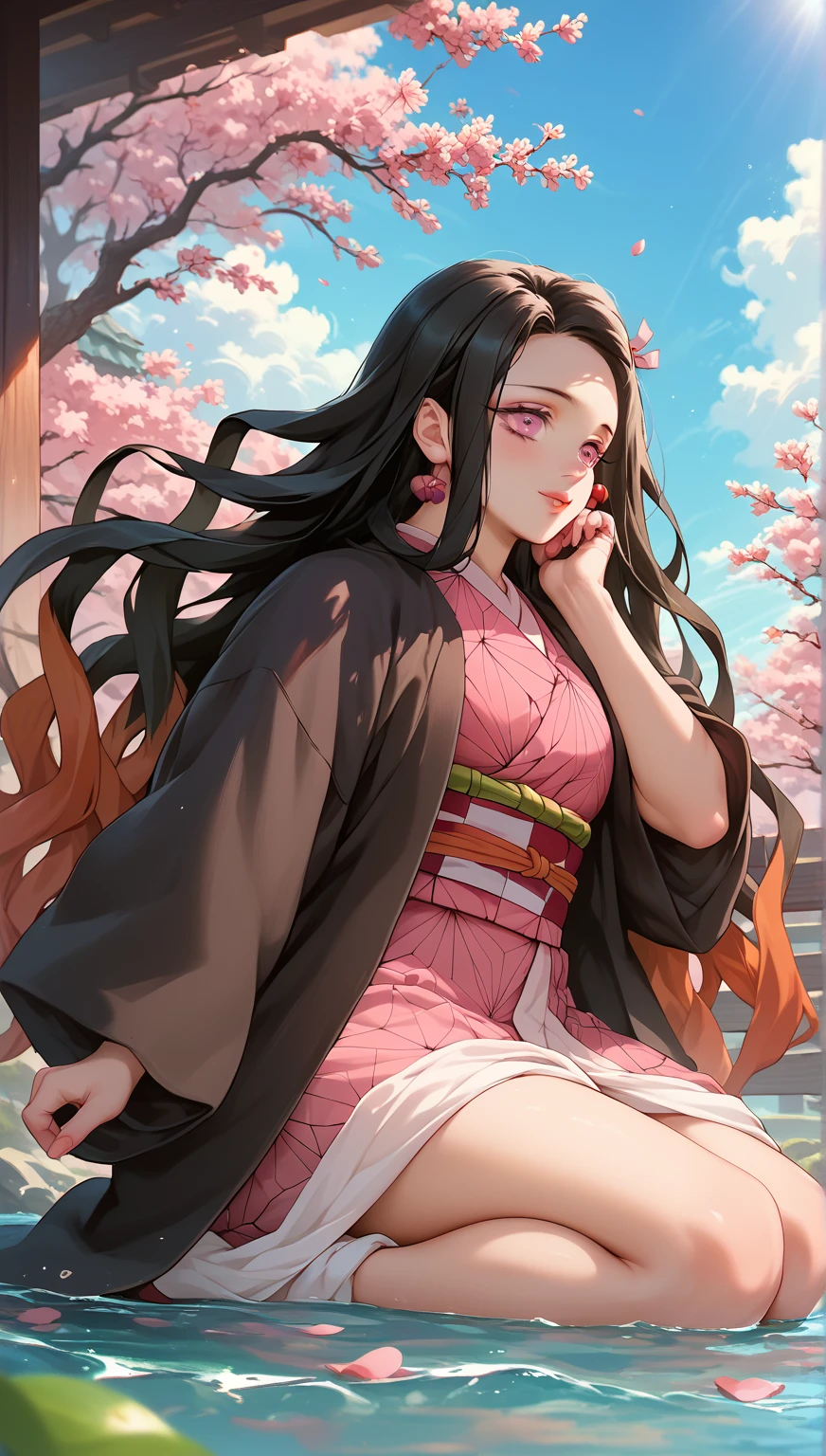 anime girl with a green tape around her mouth, nezuko-chan, nezuko, in kimono, in a kimono, by Shingei, anime visual of a cute girl, anime moe artstyle, haruno sakura, demon slayer rui fanart, anime girl with long hair, made with anime painter studio, harumi, ayami, cute anime girl