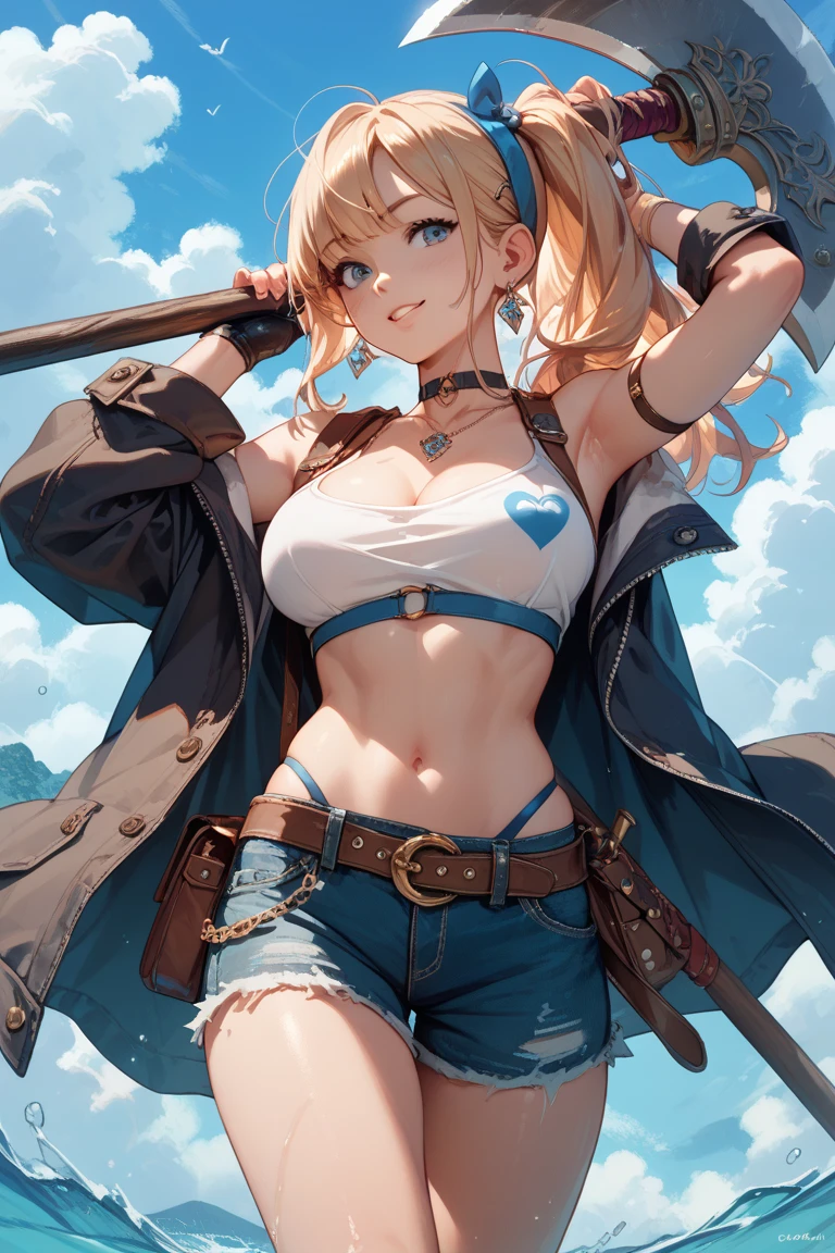 best quality,4k,8k, highres, masterpiece:1.2), ultra-detailed, extremely detailed eyes, extremely detailed body, (large masterpiece digital art), (detailed manga illustration), (detailed line art), ((perfect anatomy)), (intricate details:1.3), (ultra-detailed:1.3), (illustration:1.3), (sharp focus:1.3), (natural lighting:1.05), (vivid colors:1.3), (masterpiece), (best quality:1.4), (perfect anatomy:1.4), high quality, expressive eyes, full body, detailed face, beautiful face, perfect face, 1 girl, breast, large breast, detailed hair, medium hair, orange hair, hair over one eye, purple eyes, eyepatch, shark girl, pointy ears, pirate, pirate hat, sharp teeth, teeth, cropped jacket, holding weapon, gunblade, gun, midriff, asymmetrical pants, gloves, curvy, Intricate, High Detail, Sharp focus, dramatic, cinematic lighting, dramatic atmosphere, (((coastline background))), soft bokeh of beach,