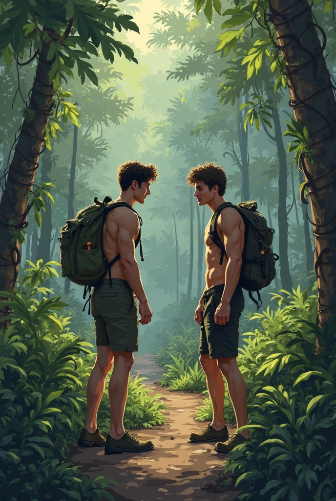 Two handsome men, one is skinny and white and the other is handsome, collecting reeds in the jungle with an axe in his hand