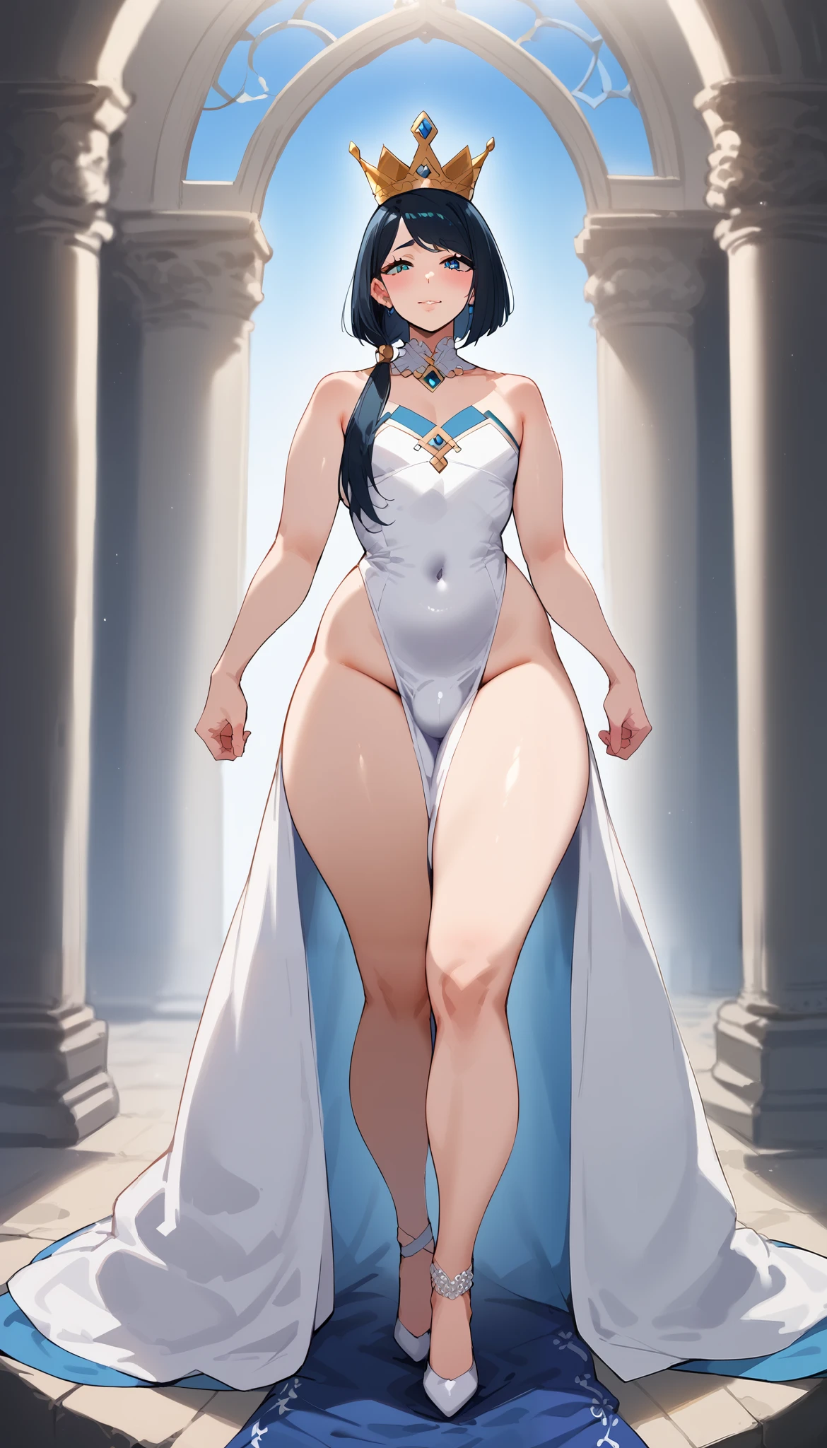 Diodora from mokushiroku no yonkishi, score_9, score_8_up, (candydoII feisty femboy with milfy slim body), flat puffy thicc mass man-chest:1.2, flat phat thicc jiggle chest, solo sugar femboy w/ mature body, (anime mature femboy with pale-blue straight long flowing hair past her shoulders with swept bangs distinct cheek-length thin side locks framing her face:1.2), low loose ponytail, crisp detailed hair, (femboy pale-blue bushy very thick eyelashes), masterpiece, best quality, (taken from dynamic masterful angles:1.2), anime moe artstyle, well-toned waifu, exude eroticism, (mature extremelybeautifulfemboy with lean perfection abdomen), sweet sweet mommy's nurturing collected expression, (ample littIe femboys natural smaII flat puffy man-chest), Curvy body, (thick fleshy arm, BREAK, Half body photograph of a cute and attractive erotic femboy in a secluded indoor kingly royal throne hall ::3 throne hall royal, form - fitting sleeveless bare-shoulder strapless Bodycon mini bodycon with cleavage that accentuates his perfect body ::2, lace collar, crown, strapless, bareshoulder sleeveless, kingly crown, statement royal high-heels, fixing hair behind ear, walking in the middle of paunchy line of councilmen, with ugly fat older ojiisan men in background settings, femboys an effeminate-prince attend to paunchy noblemen to chat, wide view, (full of naked ugly fat men background settings:1.2), ugly fat old man is all around surrounding femboys - fat man, ugly man, break, background story: it is night and the femboy king is alone with his trusted councilman; the councilman is wearing councilmans robe too horny with femboy king because the femboy king is famous for being beautiful and sexy despite a male, BREAK, nighttime,nightambience,artificial lightings, Photograph captured using a Canon 6D Mark II with an 85mm lens at f/ 4 and ISO 100 ::3 Glamour shot, award - winning photograph, sharp focus, dynamic lighting ::1, before mang many old councilmen audience giving speeches,