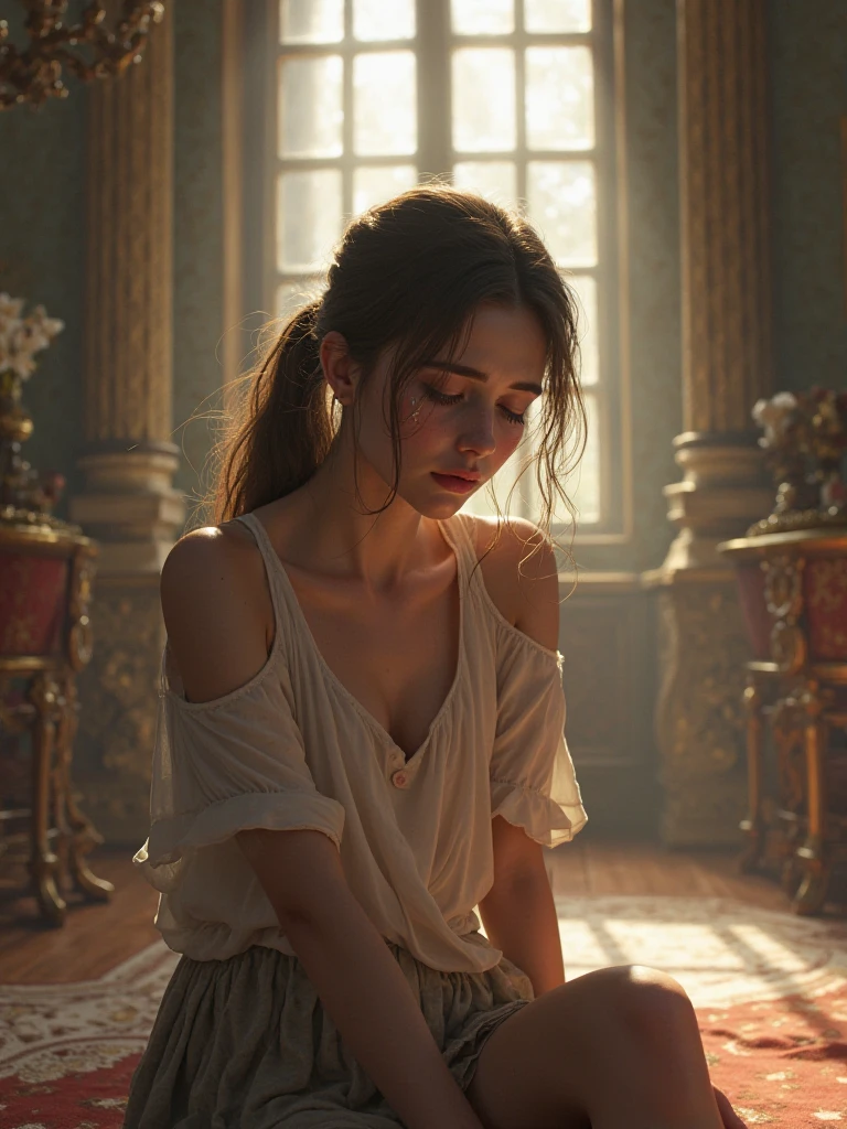 {{masterpiece, best quality, extremely detailed CG, unity 8k wallpaper, cinematic lighting}}, traditional, 1girl, sad looking young woman sitting with hands on face opposite a lit candle, half body, ancient architecture, indoors, wooden architecture, teary big eyes, beautiful detailed eyes, (big breasts, cleavage), looking at the audience, long eyelashes,