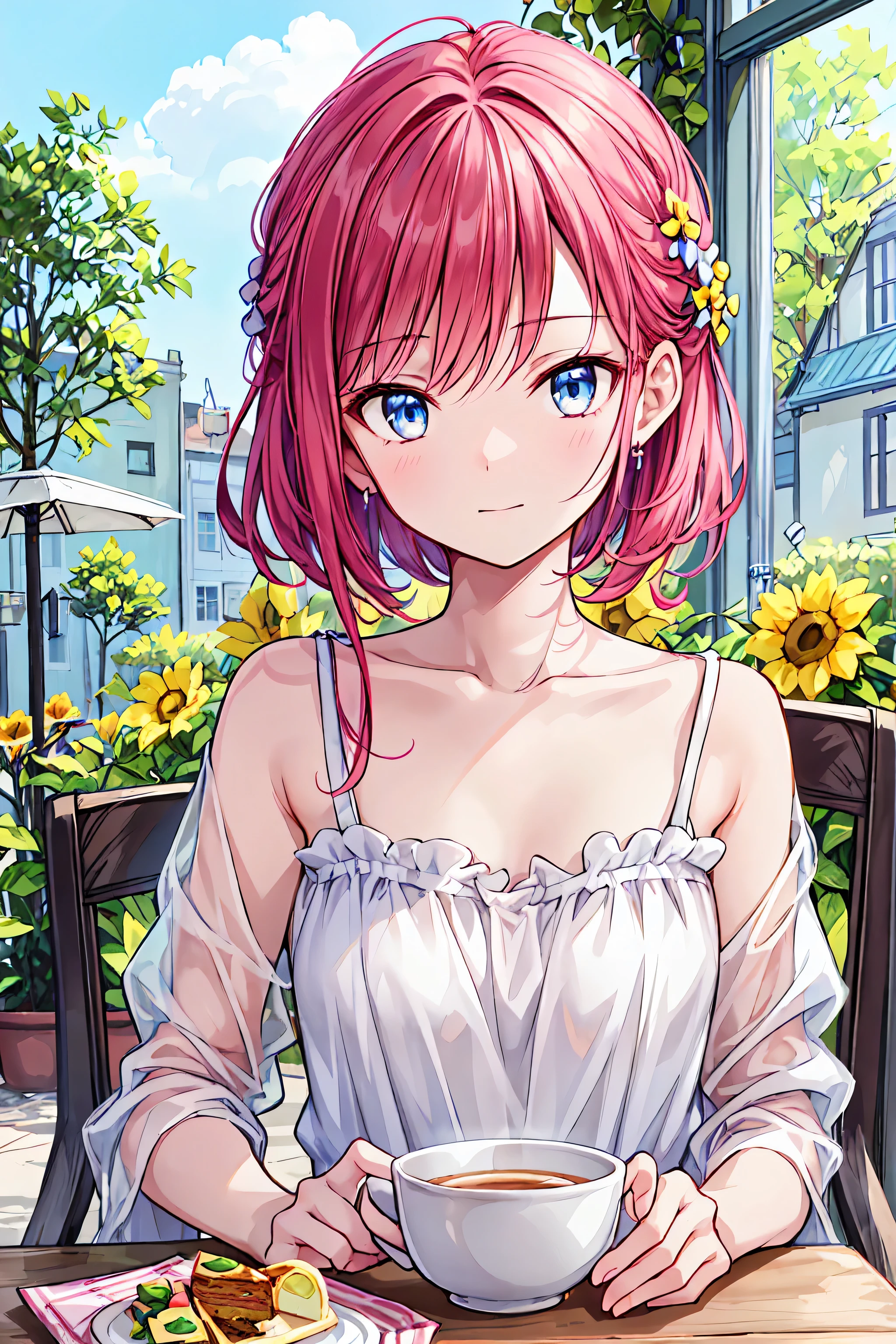 Beautiful illustrations in premium quality, cute girl sitting in a cafe, perfect and happy expression, cake with a sunflower mark, casual clothes, collarbone visible, 4K high-resolution and detailed realistic painting, warm and bright cafe background, Delicate Light Effects, Classy bokeh, realistic and charming portraits, Hair,shortcuts,unkempt hair,Short braided hair,Neat, slender beautiful woman, correct posture,Small chest,beautiful legs,Seductive Gray-Blue Eyes Shine Like Stars,droopy eyes,Brilliant Color,beautiful eyes,A delicate smile,Textured Skin,best quality, gentle and beautiful woman ,anime style、