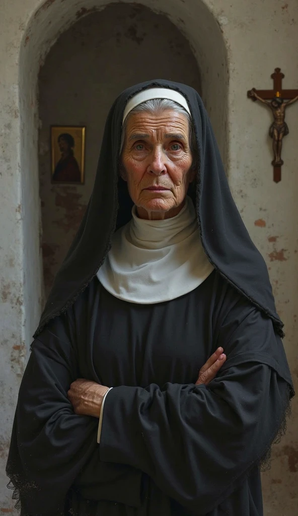 elderly nun with dark circles, with a giant marijuana joint in his hands (surrealist image )