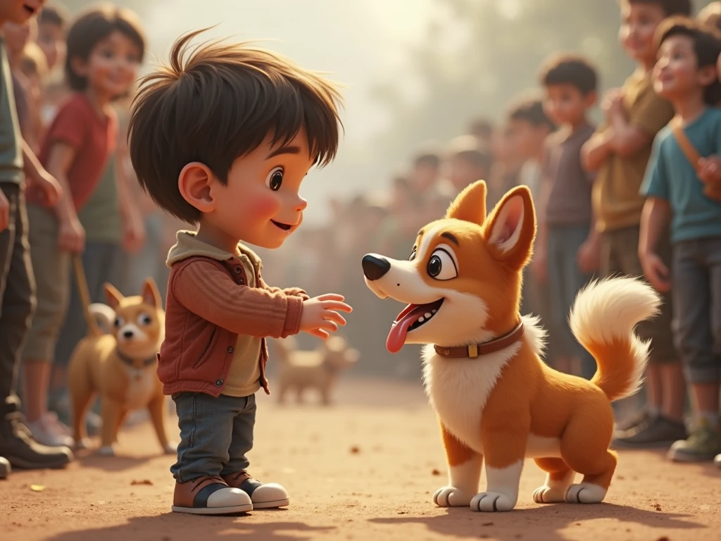 A detailed scene featuring a young boy around , with his loyal dog. The boy has short, slightly messy dark brown hair and large, expressive eyes with a thoughtful yet determined expression. He wears slightly wrinkled t-shirt, black knee-length shorts, and brown sneakers. On his wrist is a simple watch. run in middle town.