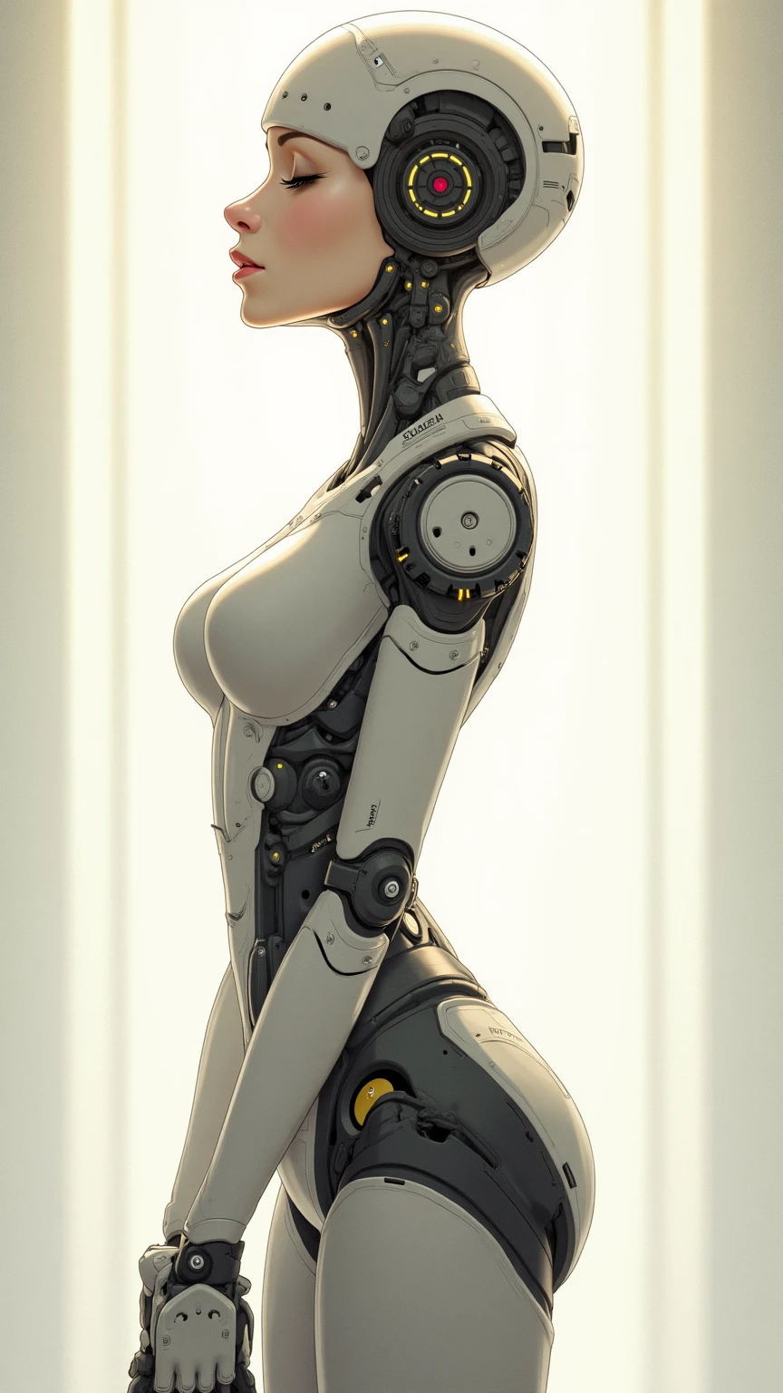 Best quality, delicate face, girly, slim body, cyborg clothing, jewelry glow, costume glow, perfect body, silver body, glass textured body, robot skeleton, rich background, multi-elemental, there are huge alien spaceships floating in the air, cyberpunk, sci-fi, full body, suitable pose
