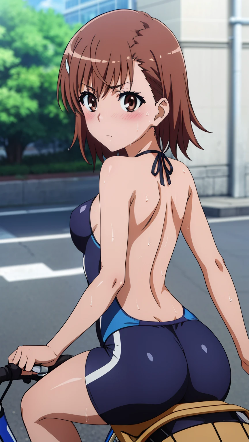 (masterpiece, best quality, high resolution, 8k:1.2), (anime coloring:1.2), highly detailed, beautiful eyes, perfect eyes, fine eyes, brown eyes, featuring big highlights, detailed face, highly detailed, fine eyes, symmetrical eyes, one girl, alone, Misaka Mikoto, brown hair, short hair, hairpin, (small breast), slim body, (beautiful face), (back), looking at the viewer, Incredibly absurd, Ultra-high resolution, RAW Photos, (Depth of Field:1.2), (swimsuit:1.2), Ultra-detailed eyes, (sensuous), Glowing Skin, blush, Sigh, ((Sweat)), Wet, (she is riding a bicycle, Ass close up), (road bike, saddle, blue sky), Light of the sun, overlooking, (magnificent panorama view:1.3), Glitter effect,