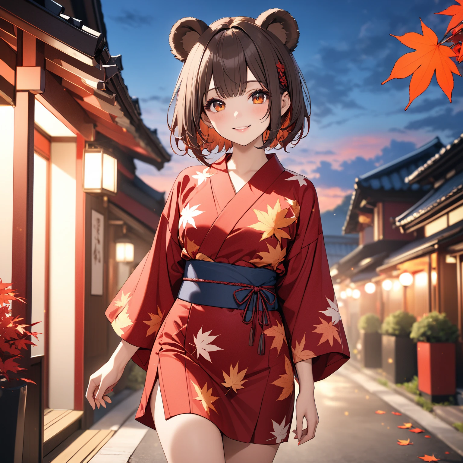  1girl , Tanuki ears, short chestnut hair, amber pupils, playful yukata, red autumn leaves, impish smile
masterpiece:1.5, masterpiece, 最high quality, Ultra High Resolution, retina, masterpiece,  accurate, anatomically accurate, textured skin, Super Detail, high detail, high quality, 最high quality,   High Resolution Icon , 8k、最high quality, 8k, 32K, flatchest、full body、smile、street snaps、Dramatic、autumn leaves、 fantastic sky 、autumn leaves、dusk、sunset