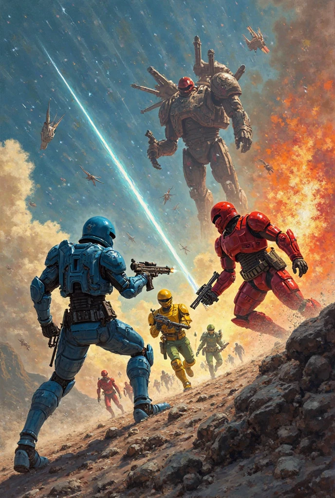 general description: The image is a vibrant and dynamic painting that represents a science-fiction battle. Inspired by book covers from the 70s and 80s, uses a saturated color palette with dramatic contrasts of light and shadow.

 Composition and perspective : The composition is complex but balanced. In the foreground, the The confrontation between a blue warrior and a red warrior creates a diagonal that guides the eye. The aerial perspective allows us to observe the action in the foreground and the vast battlefield in the background, with diagonal lines of rays, ships and mountains that provide depth and dynamism.

Figures and Poses:

The blue warrior is in an offensive posture, with one leg forward and arms outstretched wielding futuristic weapons, reflecting agility and decisiveness.

The red warrior adopts a defensive posture, with a slightly rotated body and its gun raised, showing tension and preparation.

In the middle plane , a yellow soldier charges into combat, holding a luminous shield,  while another , in green tones, jumps from a moving ship, capturing the sense of action and risk.

 In the background, soldiers in silhouette advance in formation through explosions and smoke, reinforcing the chaos of battle. A gigantic robot launches rays from its elevated position, creating a visual point of additional interest.

Color and Light: The color palette contrasts the cold tones of the blue warrior with the warm tones of red and explosions. Dramatic light highlights the figures main, while the glow of explosions and ships illuminates the environment, creating an atmosphere of dynamism y.