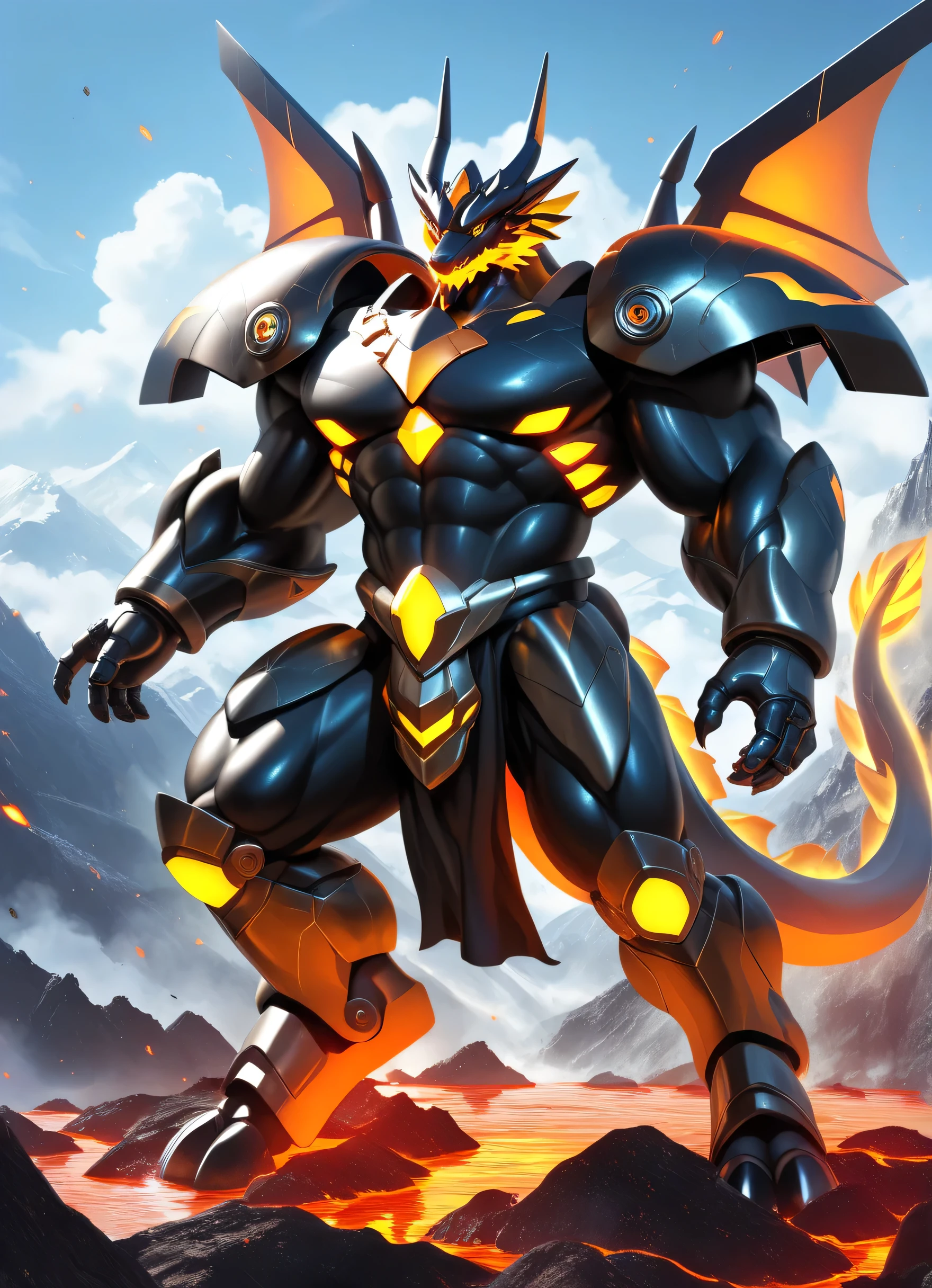 (mecha:1.1), (cybrog), anthro, dragon, male, black body, silver torse, shiny, full body, Muscle, Delicate face, Delicate eyes, 1 tail, glowing LED:1.1, energy, digitigrade, outdoors, (thunder), barazoku, hyper muscle, outside, (volcano), loincloth, lava, (armor), lighting, sky, BREAK score_9_up,score_8_up,score_7_up,score_6_up,score_5_up,score_4_up,
