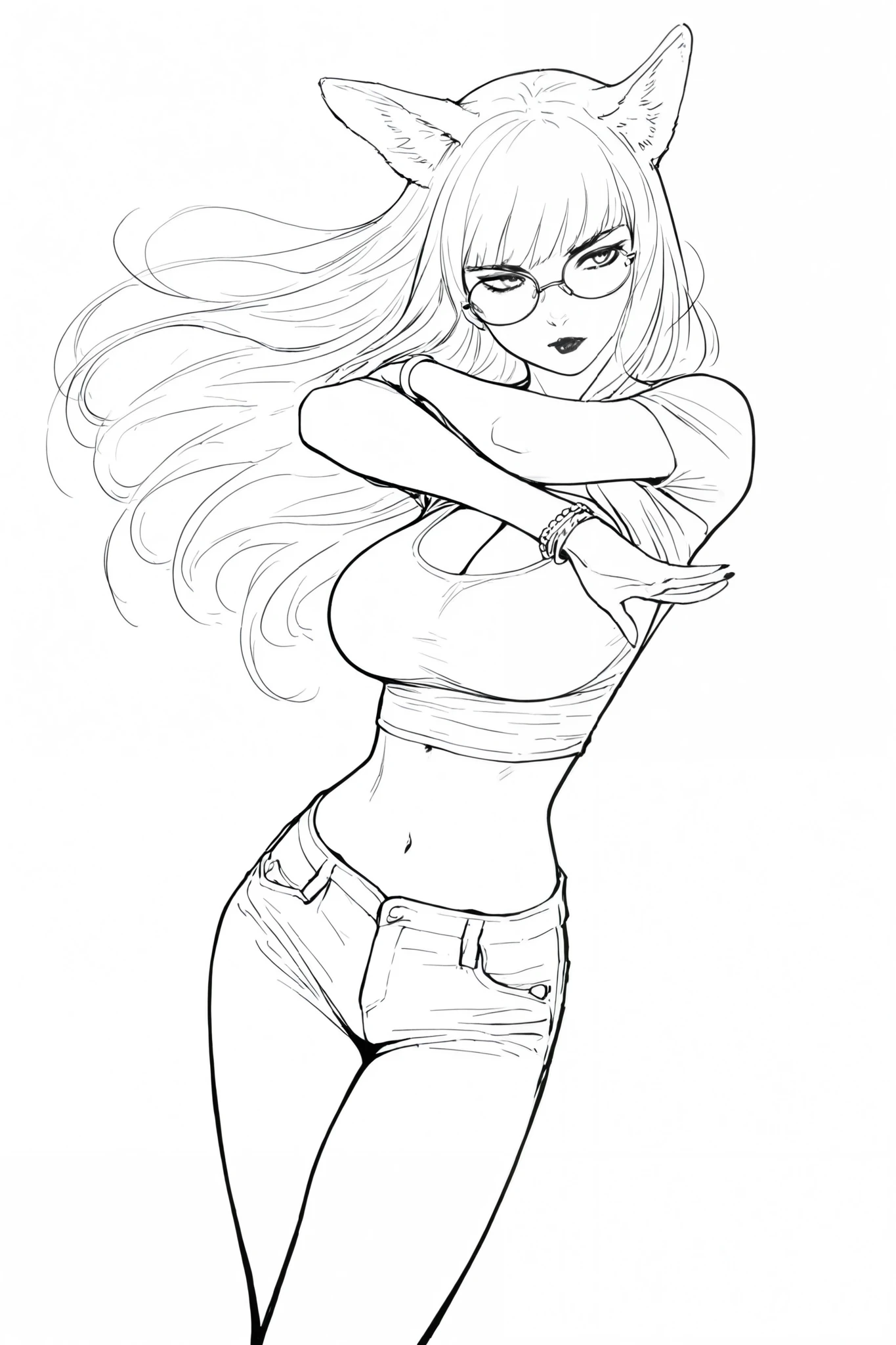 HDR, 8K, masterpiece, best quality, amazing quality, very aesthetic, anime artstyle, realistic, newest, 
BREAK
monochrome, greyscale, Line art, lineart, Timbrook
BREAK
portrait shot, 1girl, dog girl, dog ears, round glasses, opaque glasses, long hair, big breasts, bracelets, sharp features, leather shirt, cleavage, deep slit cleavage, exposed navel, dynamic pose, foreshortening, 