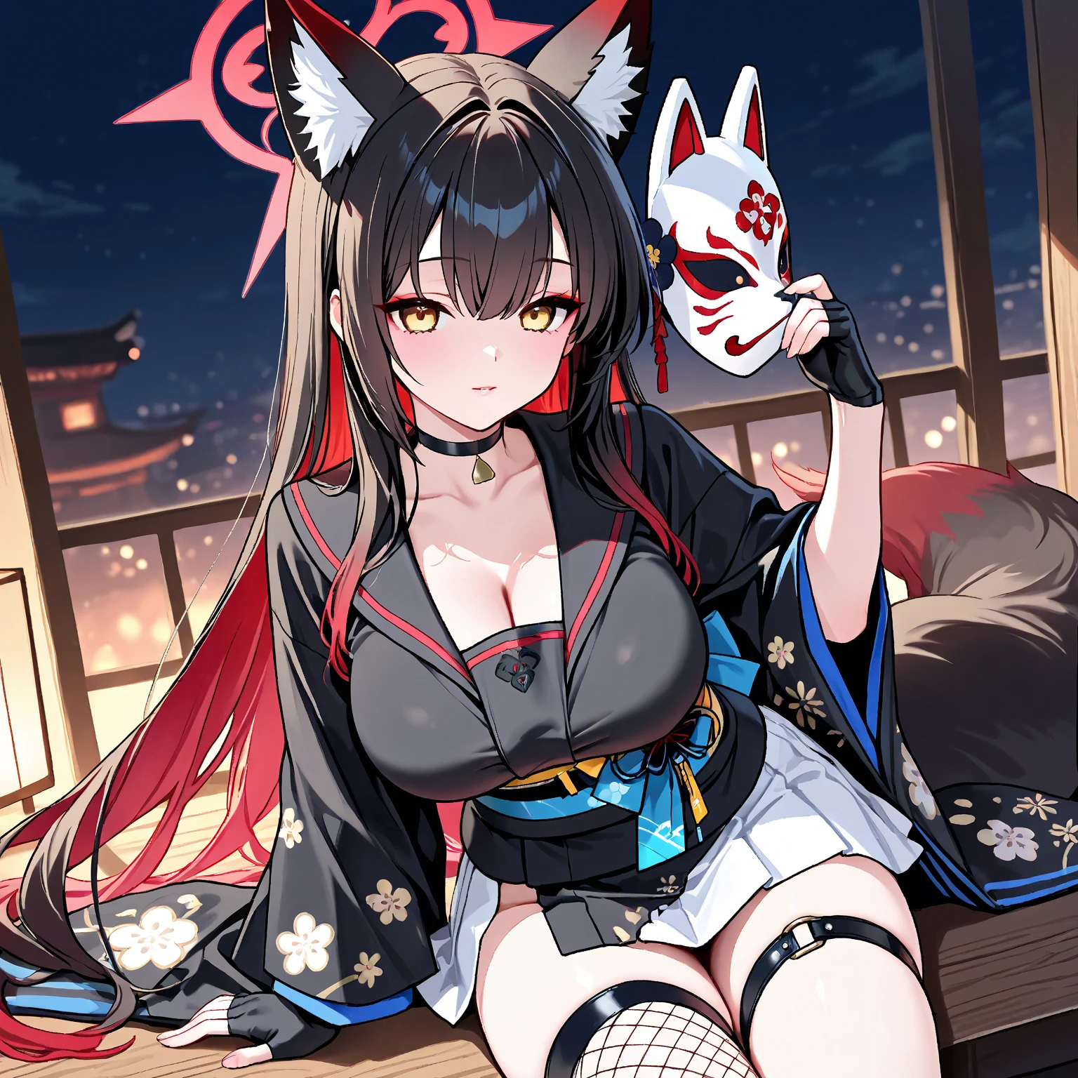 (Fox Girl, Fox Ears, Black colored hair, Fox Makeup, One Girl, Long Hair:1.2), (kimono, Kimono with open chest, A beautiful kimono with red and black patterns, I can see her cleavage, Open chest, Exposed skin:1.8), (Body size is 100-70-90!, Nice body, Big Breasts, Soft breasts, Emphasize cleavage, Thighs are slightly visible, Muscular, Abdominal muscles, Grab your own chest:1.4), Avatar, face, lewd face, Dominant representation, naughty face, Uplifting, Skin Texture, outside, Grassy field