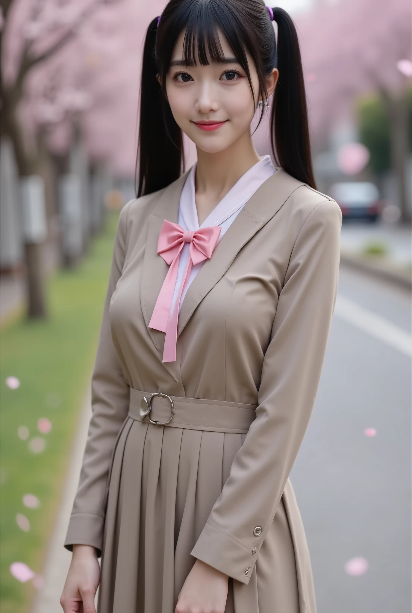 ((extremely detailed, score_9, score_8_up, score_7_up, highest quality, ultra high quality, highest resolution, sharp focus, 8K UHD), Fantastic realistic portrait of a petite very young Japanese woman, (((full body photo, slender legs visible))), happy smiling face, detailed facial description, detailed eye description, large eyes with double eyelids, thick lips, black hair, black pupils, wearing a khaki blazer with a pink ribbon on her chest, standing by a roadside tree with cherry blossom petals falling in the air, very fantastical, depth of field photo, blunt bangs in pigtails, looking at the viewer,