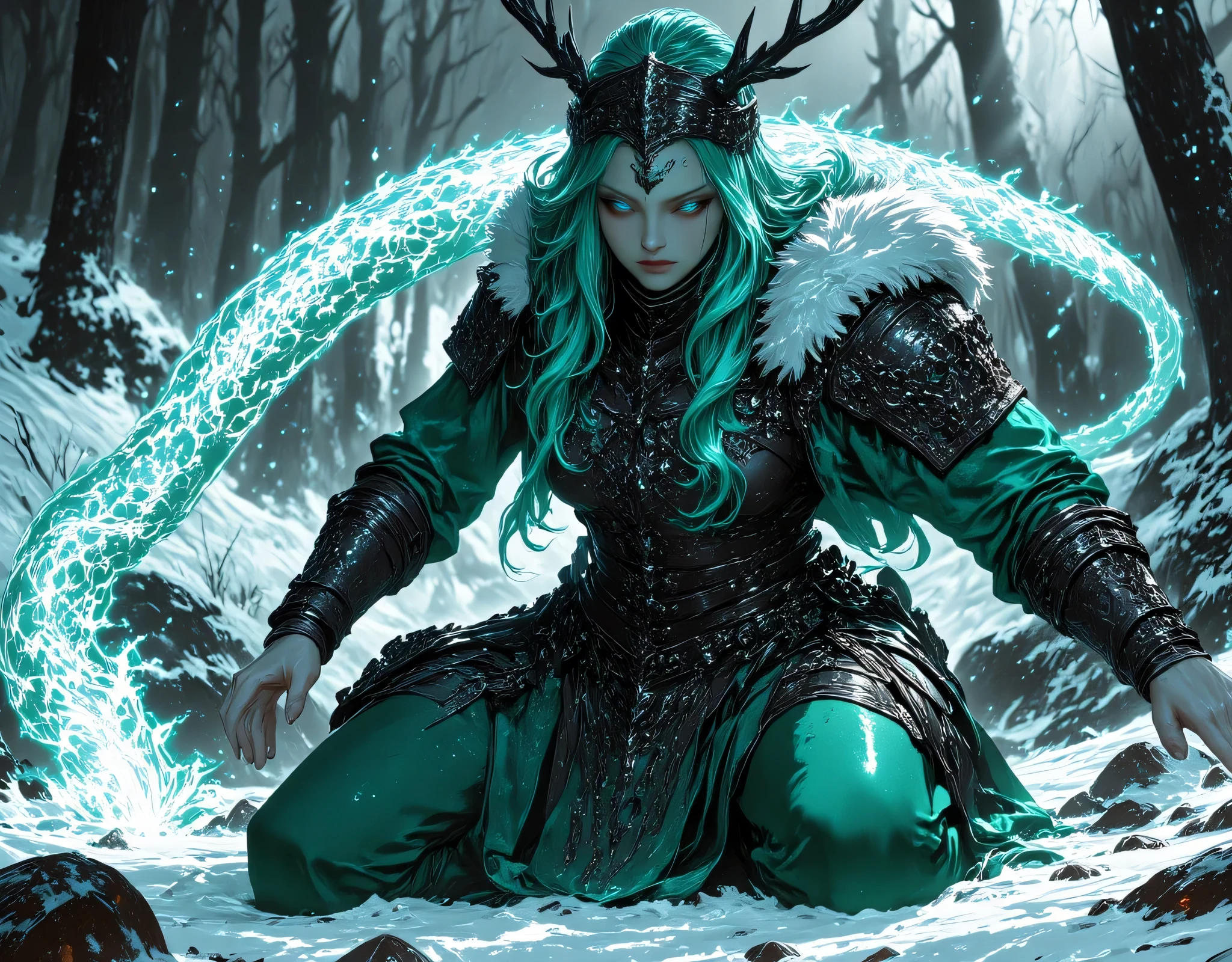 Fantasy-themed digital artwork featuring a fierce female warrior in a snowy forest. She has fair skin, piercing blue eyes, and long, wavy turquoise hair adorned with a crown of antlers. Her outfit is a detailed, teal-colored leather armor with intricate designs, fur accents, and metal embellishments. She has multiple tattoos on her arms, torso, and legs, adding to her warrior aesthetic. The background showcases snow-covered trees, enhancing the wintry atmosphere. The overall composition is dynamic, with a focus on the character's powerful and determined expression.(Enermous white Tiger:1.3) On her side,