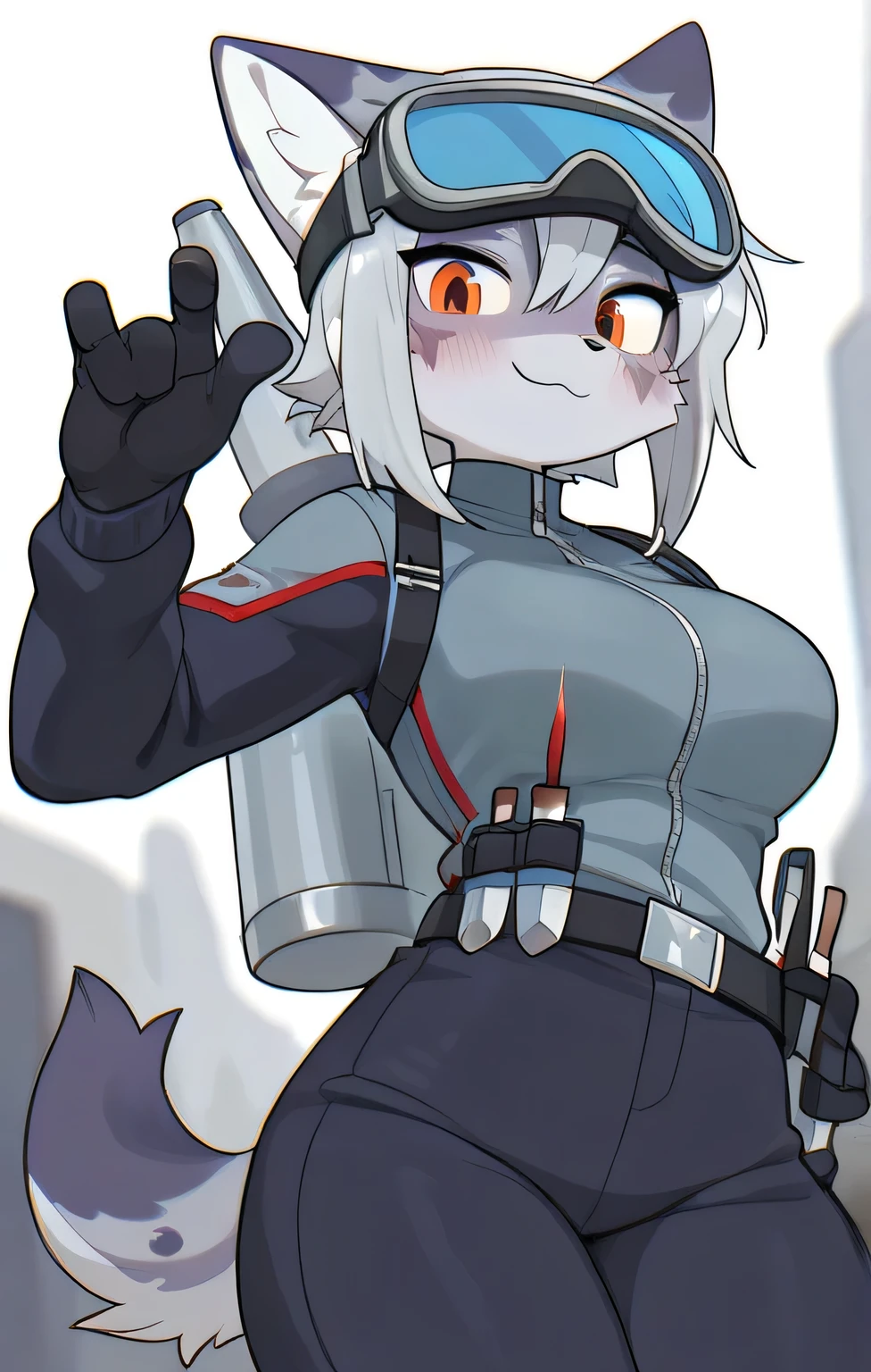  in,  top quality,  masterpiece、 cartoon anime、female furry、 The Silver Beast 、Man with unkempt gray hair 、knife、 oversized goggles、jet pack
