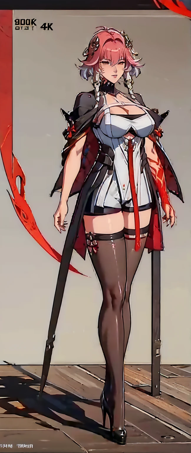 1girl, solo, breasts, brown hair, weapon, sword, cleavage, long hair, navel, midriff, gloves, brown eyes, medium breasts, white background, smile, boots, full body, simple background, cropped jacket, holding, standing, large breasts, armor, hand on hip, crop top, pointy ears, genderswap, genderswap \(mtf\)