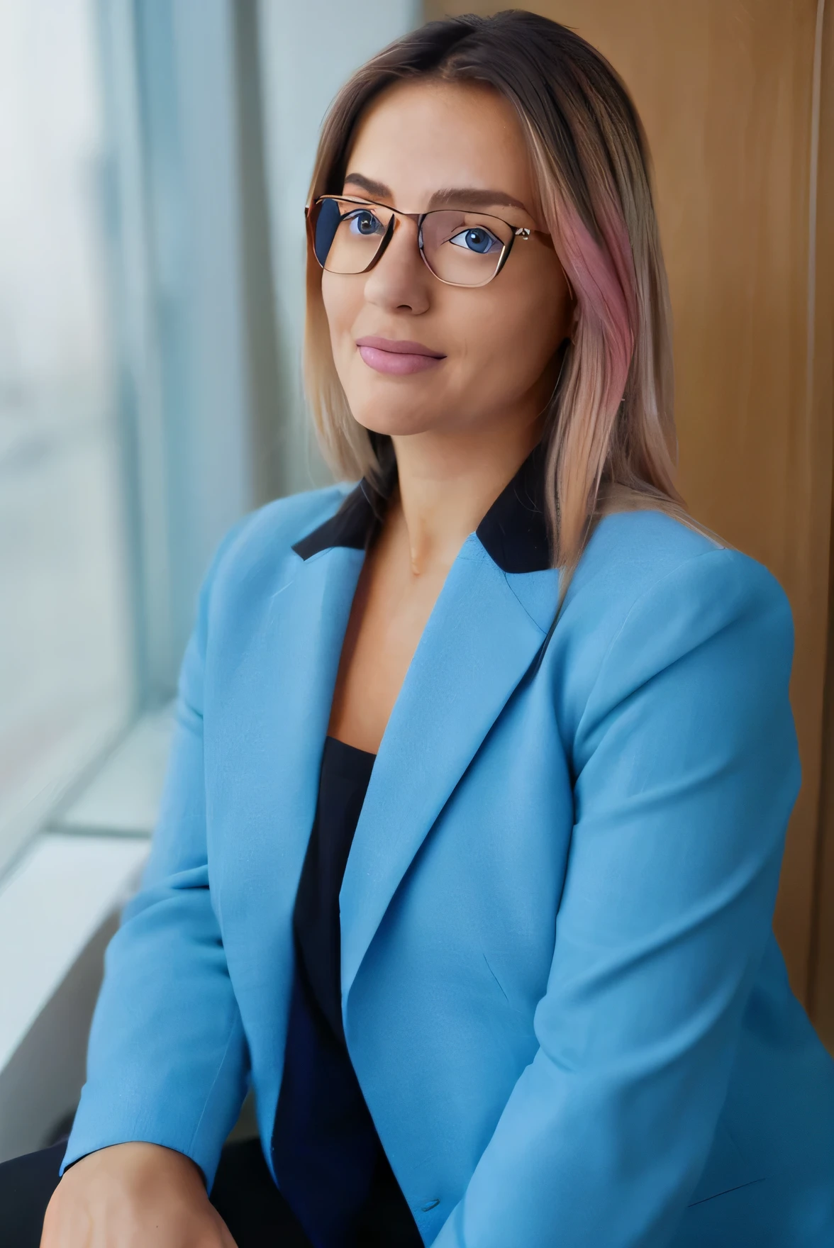 ((masterpiece, better)), (1 girl), (mature woman), light pink hair, seduction with open chest, camping, (Office lady), hits, big breasts, lady glasses, (full), delgado, smile, [Wide hips], Office, standing, understood  (blue file), 8k image quality, sexy seduction, (Suit with open chest)