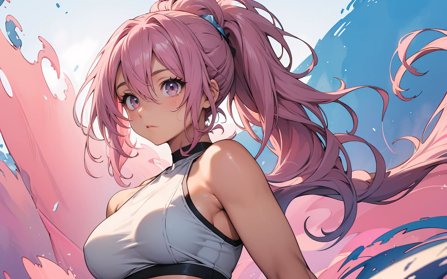 (best quality, masterpiece:1.1), (realistic:1.6), 1girl, upper body, crop top,twin tails, swimsuit,
