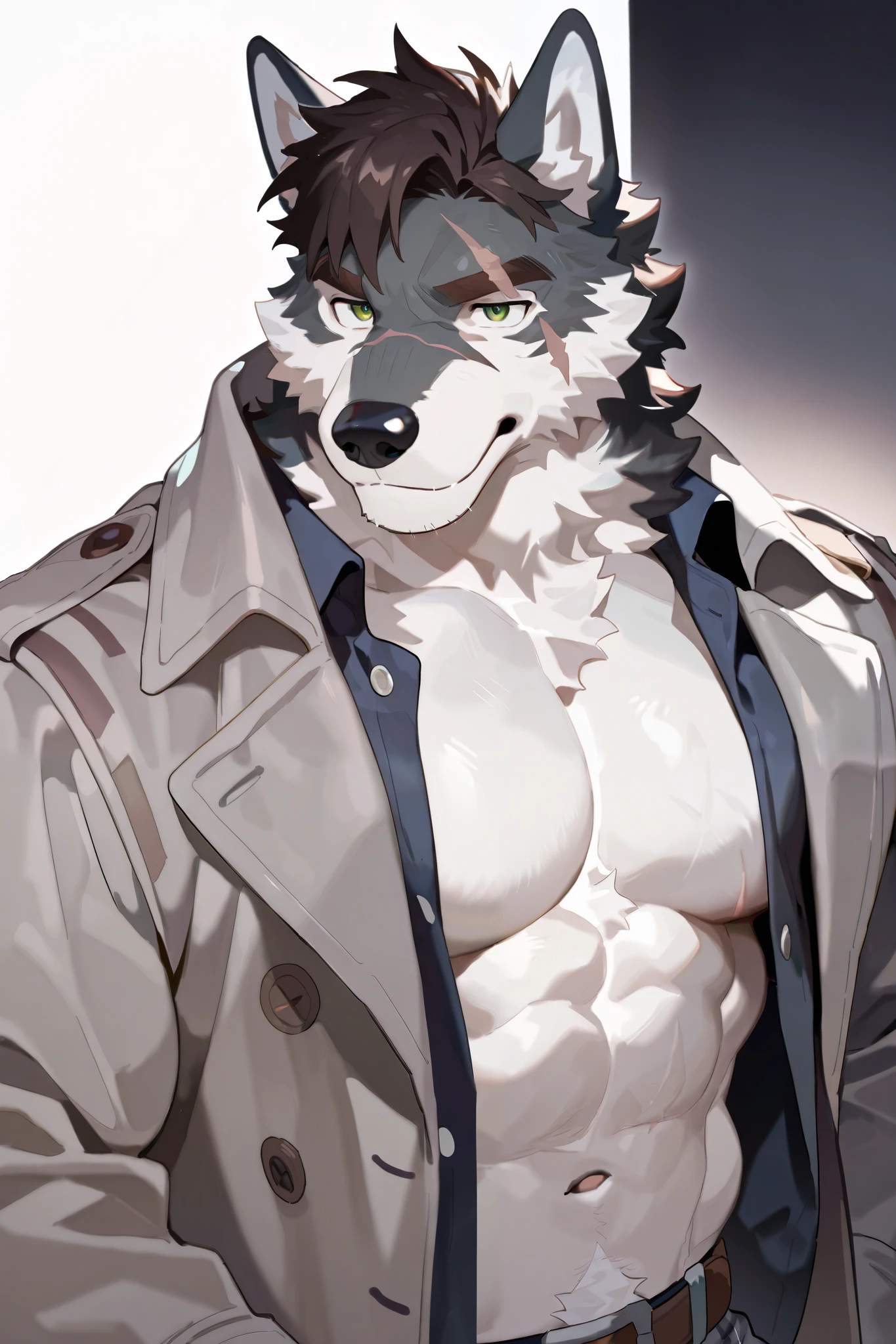 1 boy , alone, human furry , Wolf, blue and white fur, , Dark pattern , green eyes, Eye with Scar, White hair, Brown and black hair tips,Brown eyebrows,Sturdy ,is muscular。
detective,grey coat。
Confident Gesture,
masterpiece, is the best quality,